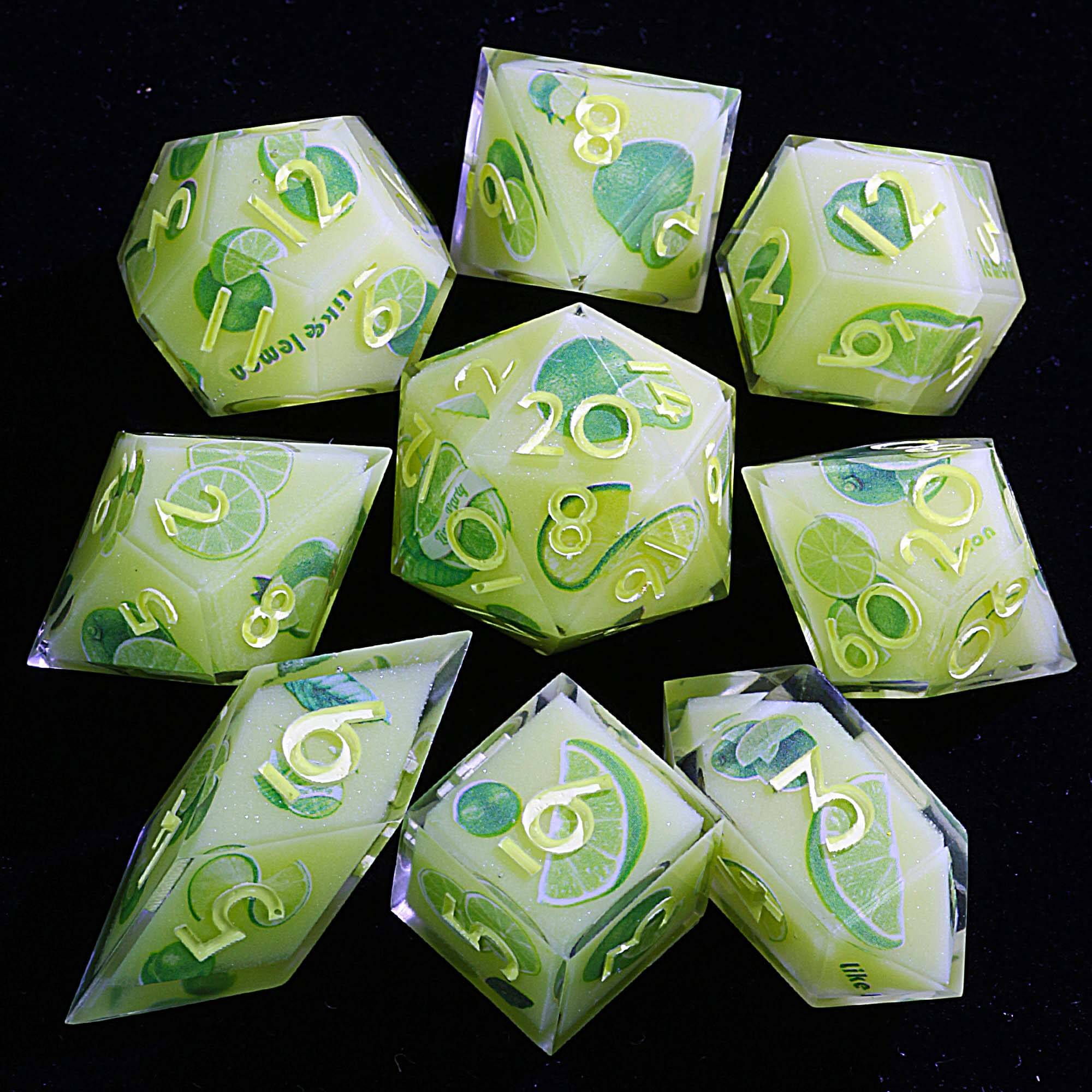 9 Polyhedral Resin Dice D and D Set Verdant Citrus Fresh - Dice of Dragons
