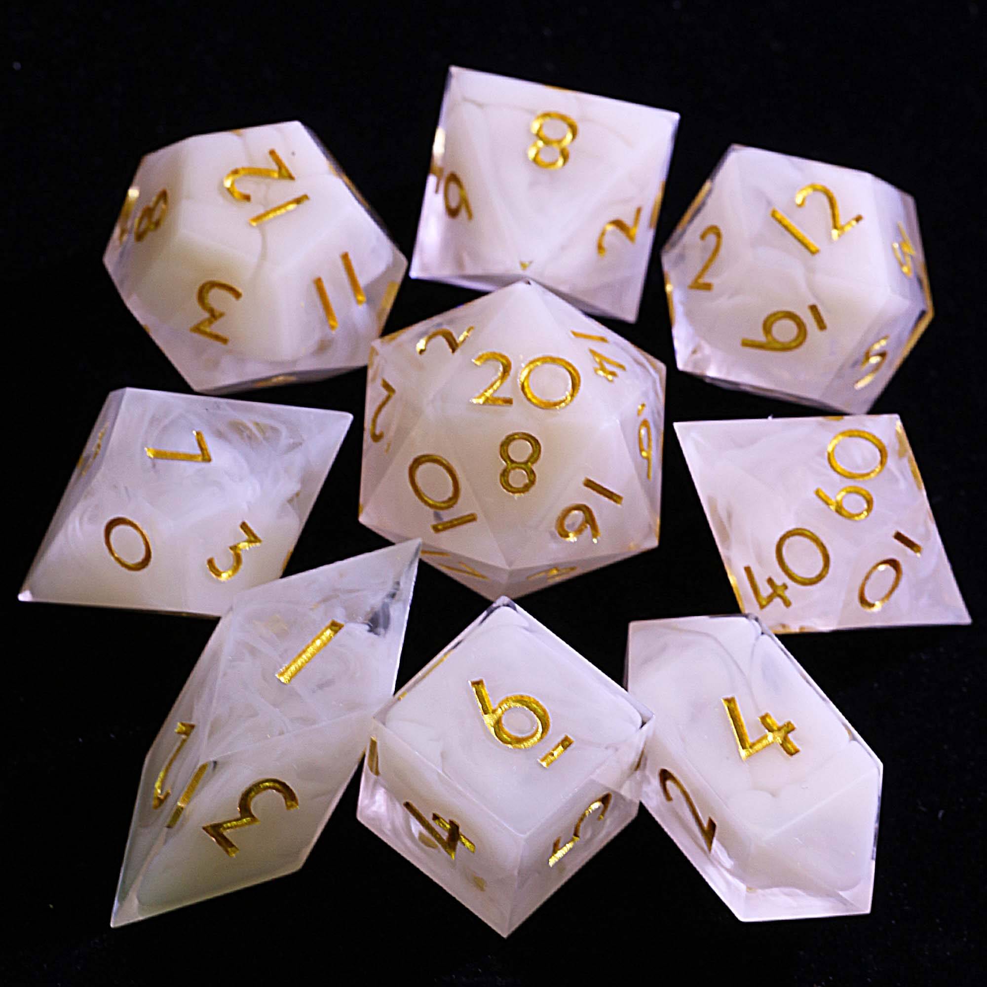 9 Polyhedral Resin Dice D and D Set White Clouds - Dice of Dragons