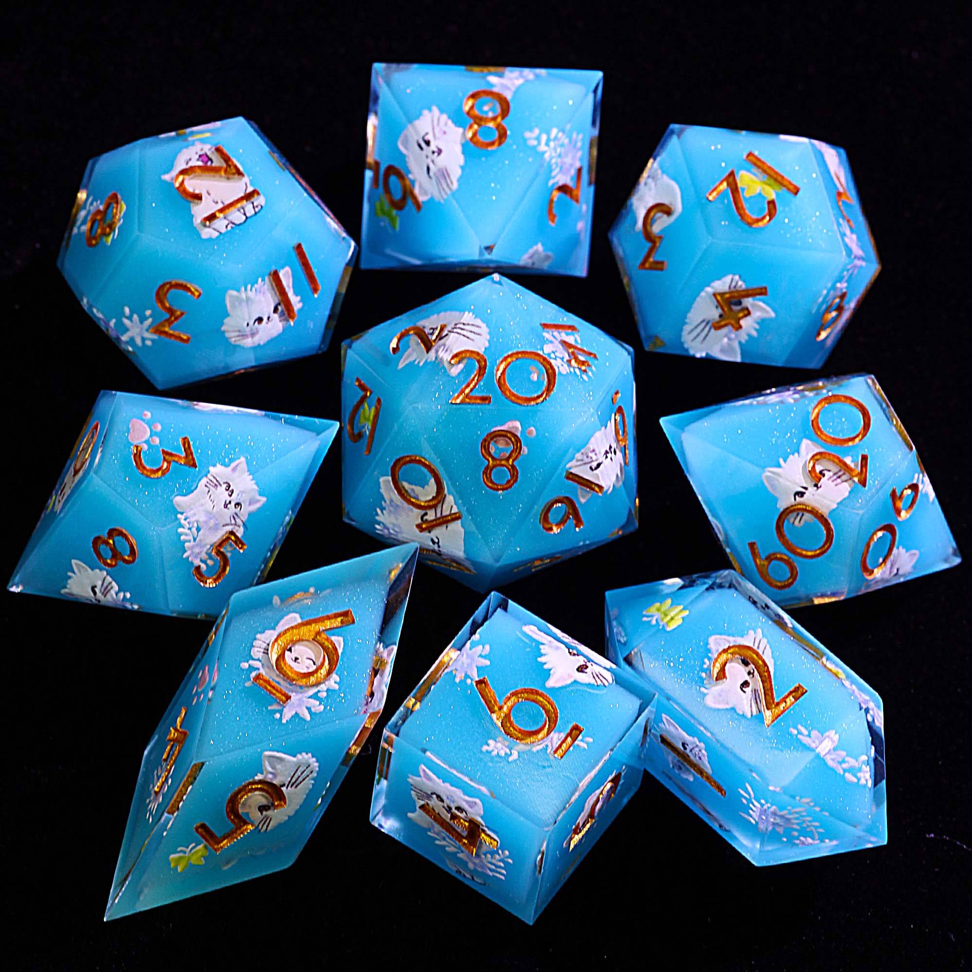 9 Polyhedral Resin Dice D and D Sets Blue Cat & Flower - Dice of Dragons