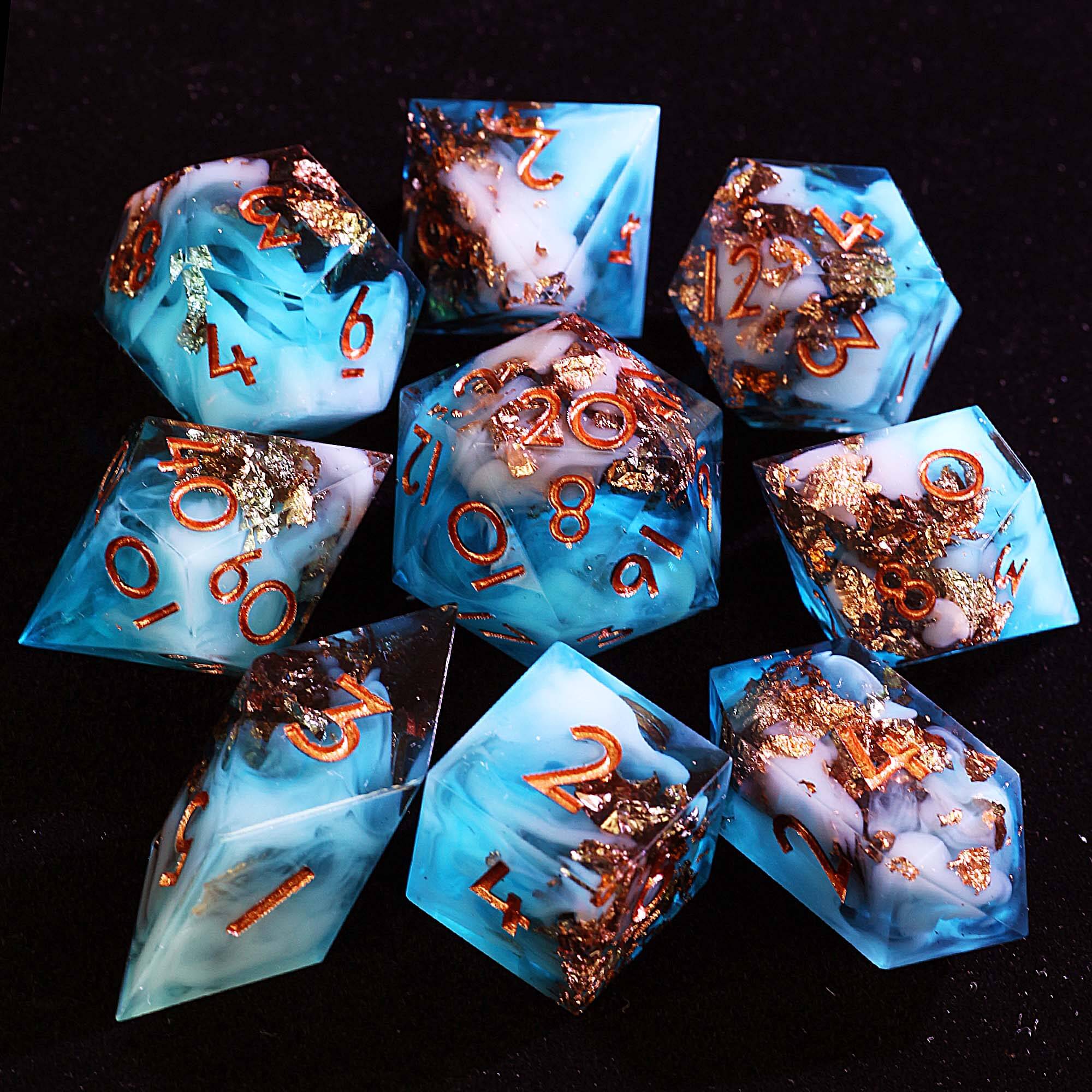 9 Polyhedral Resin Dice DD Set Gold Foil Blue Sky Cloud - Dice of Dragons
