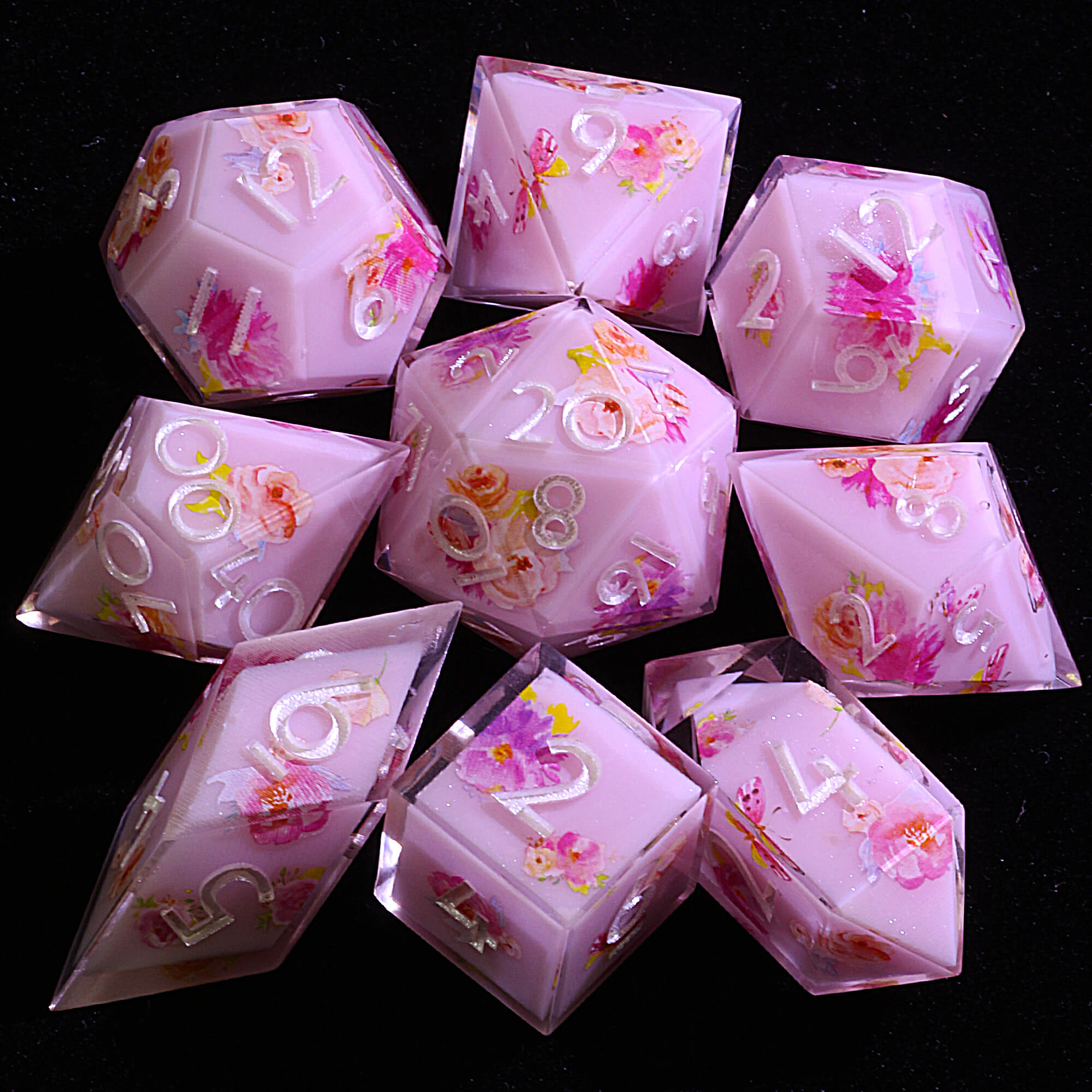9 Polyhedral Resin Dice DnD Set Butterfly Perch - Dice of Dragons
