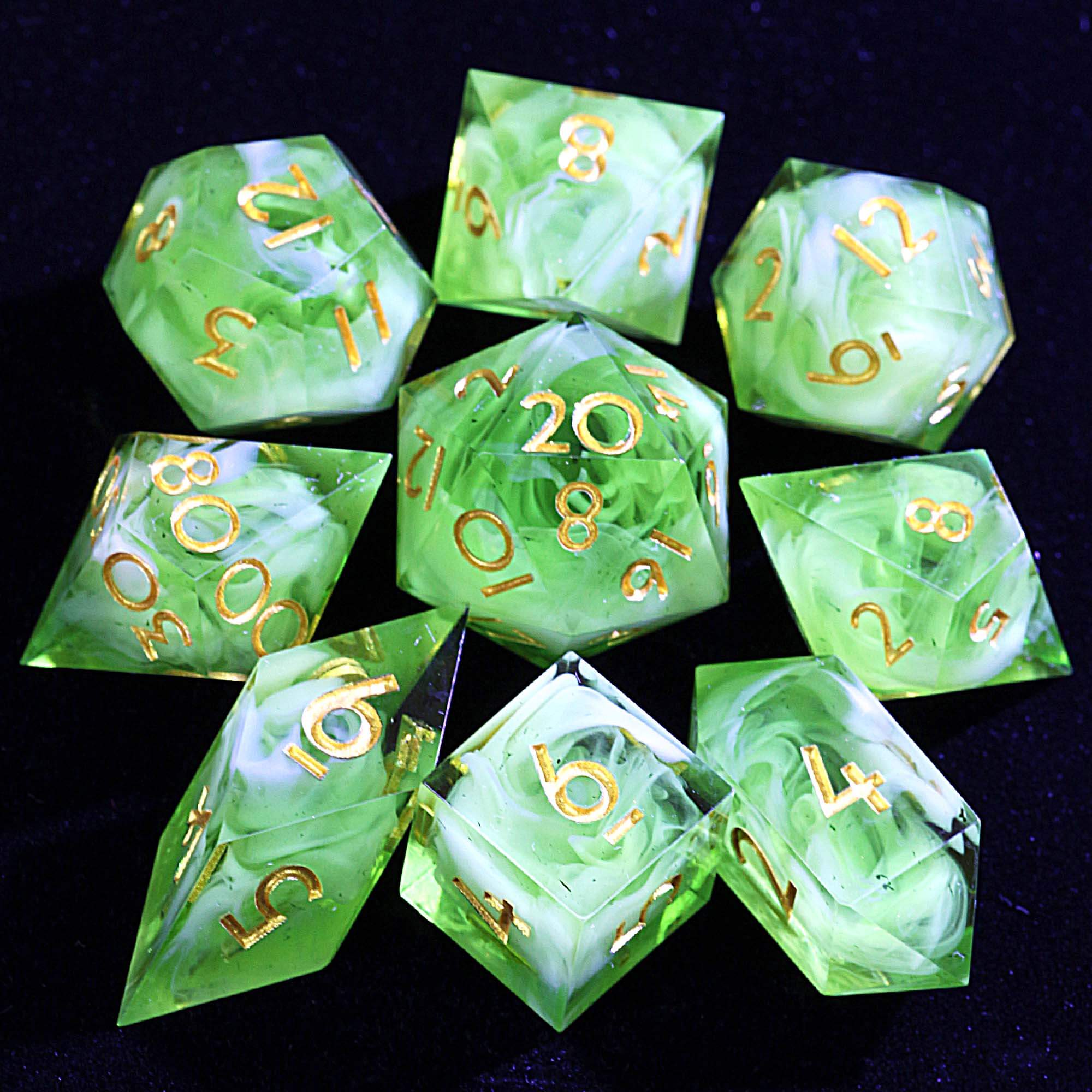 9 Polyhedral Resin Dice DnD Set Green Pastel Cloud - Dice of Dragons