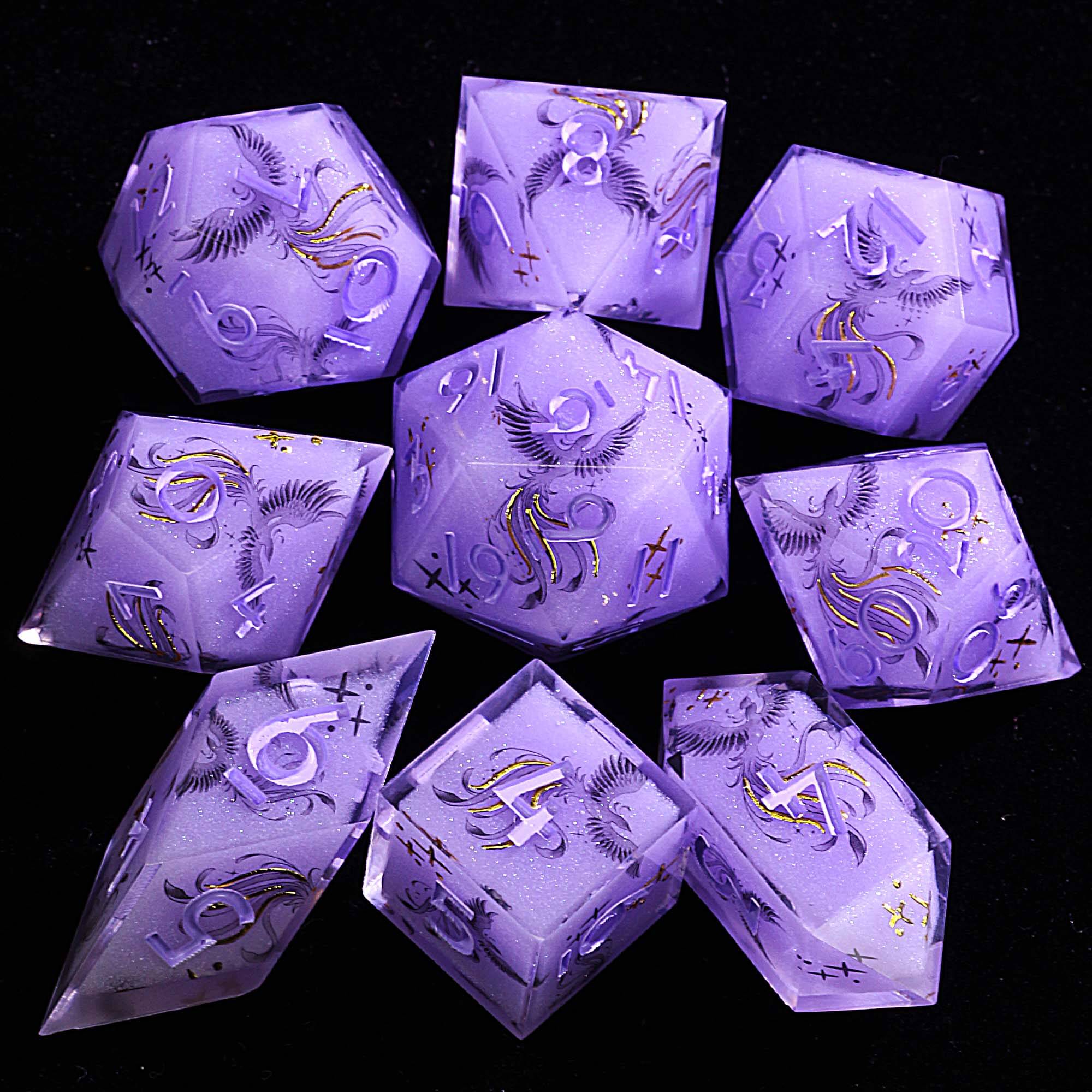 9 Polyhedral Resin Dice DnD Set Violet Phoenix Oath - Dice of Dragons