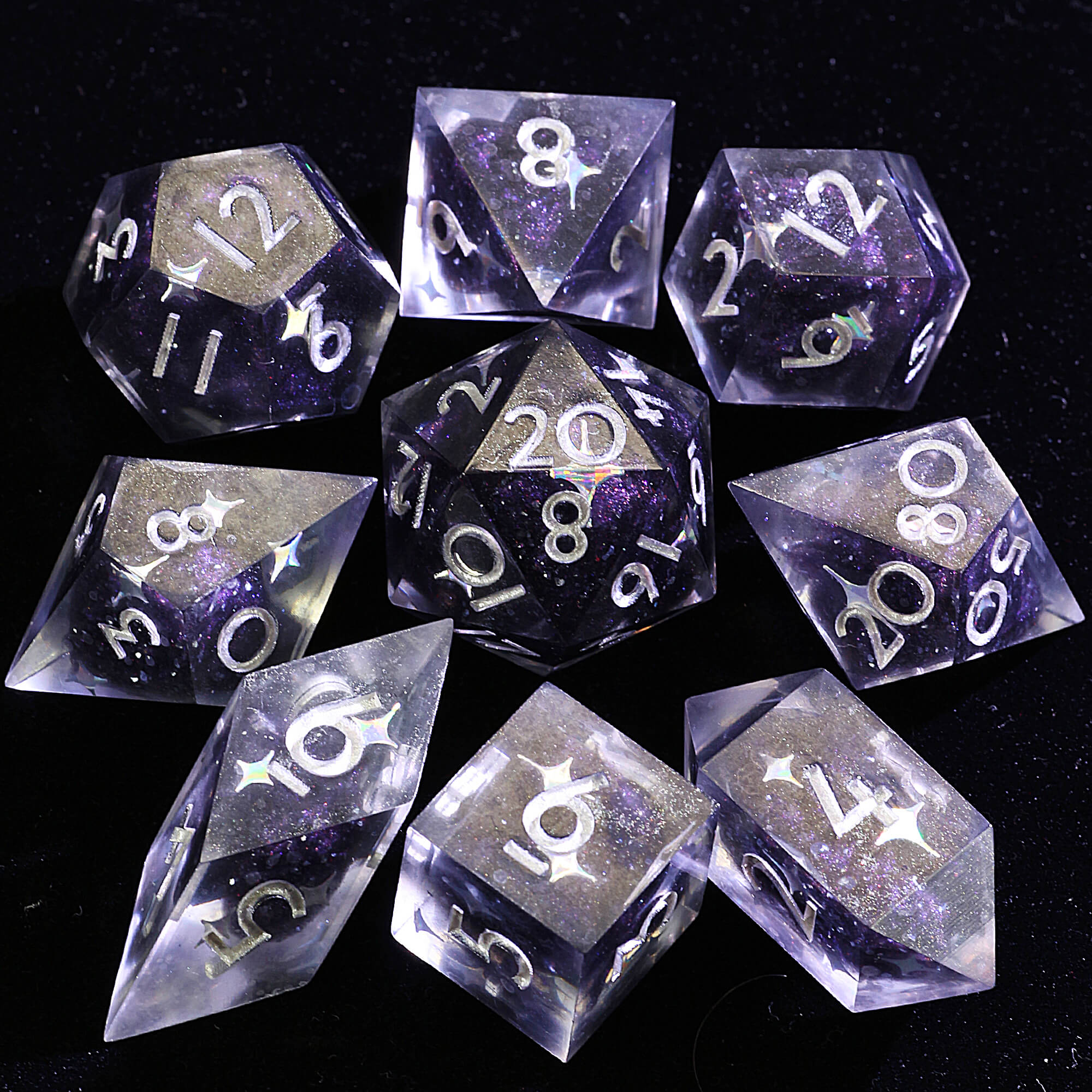 9 Polyhedral Resin Dice DnD Set Void Star Silver - Dice of Dragons