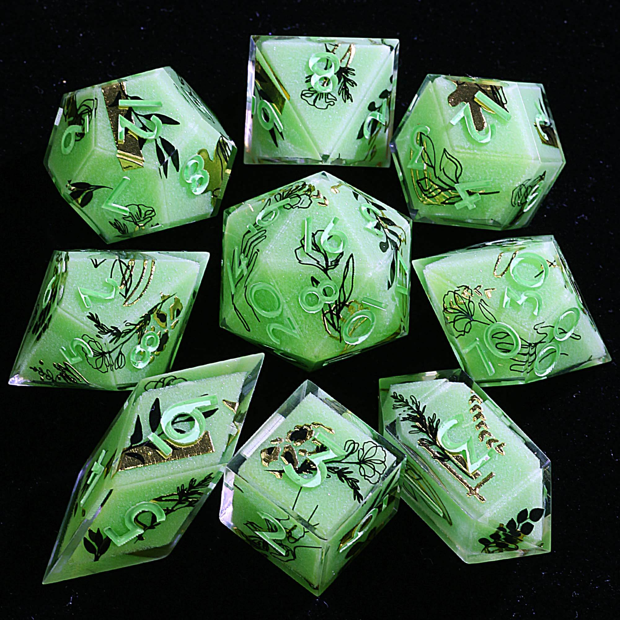 9 Polyhedral Resin Dice D&D Sets Macaron Flora Glyph - Dice of Dragons