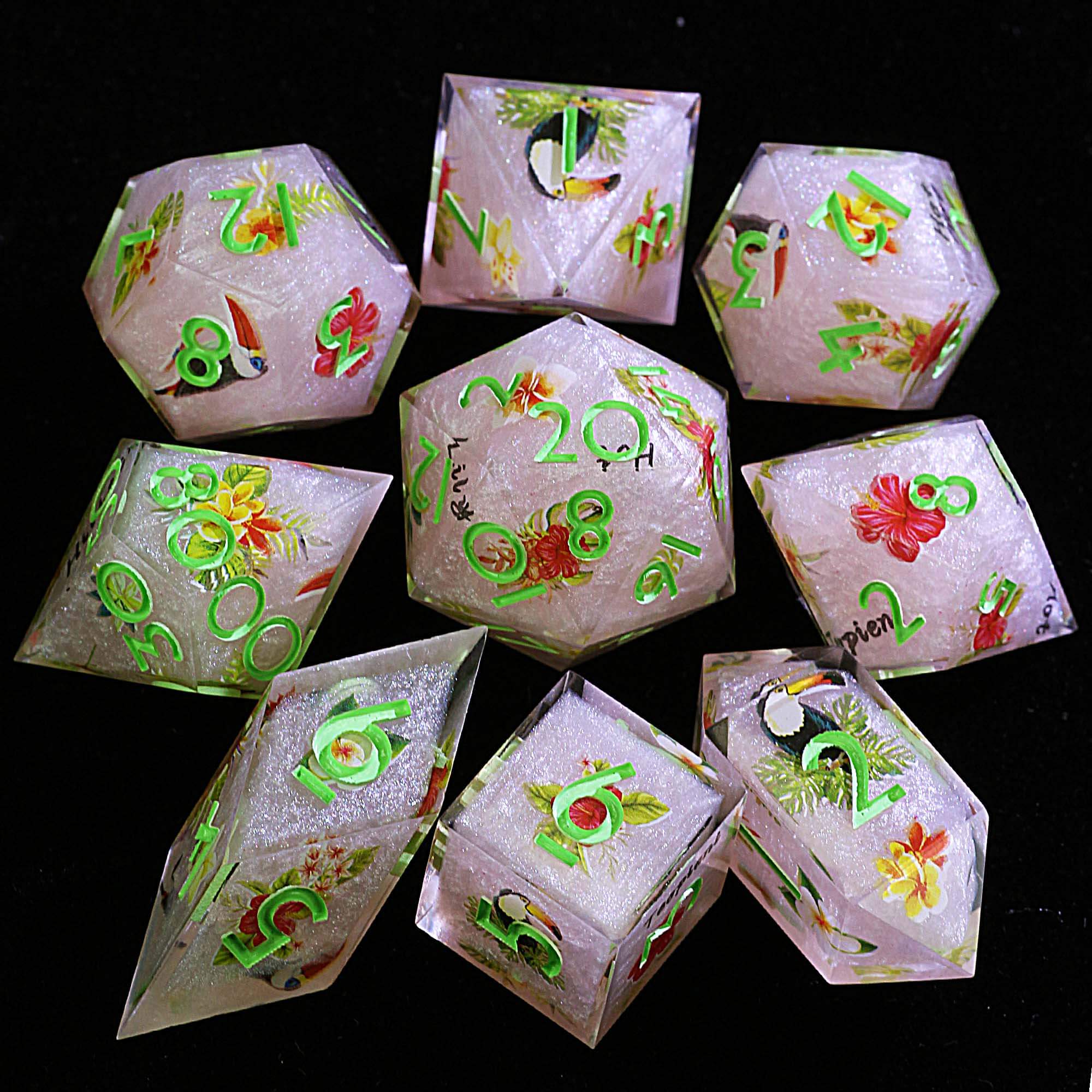 9 Polyhedral Resin Dice D&D Sets Pink Sparkly Toucan & Flower - Dice of Dragons