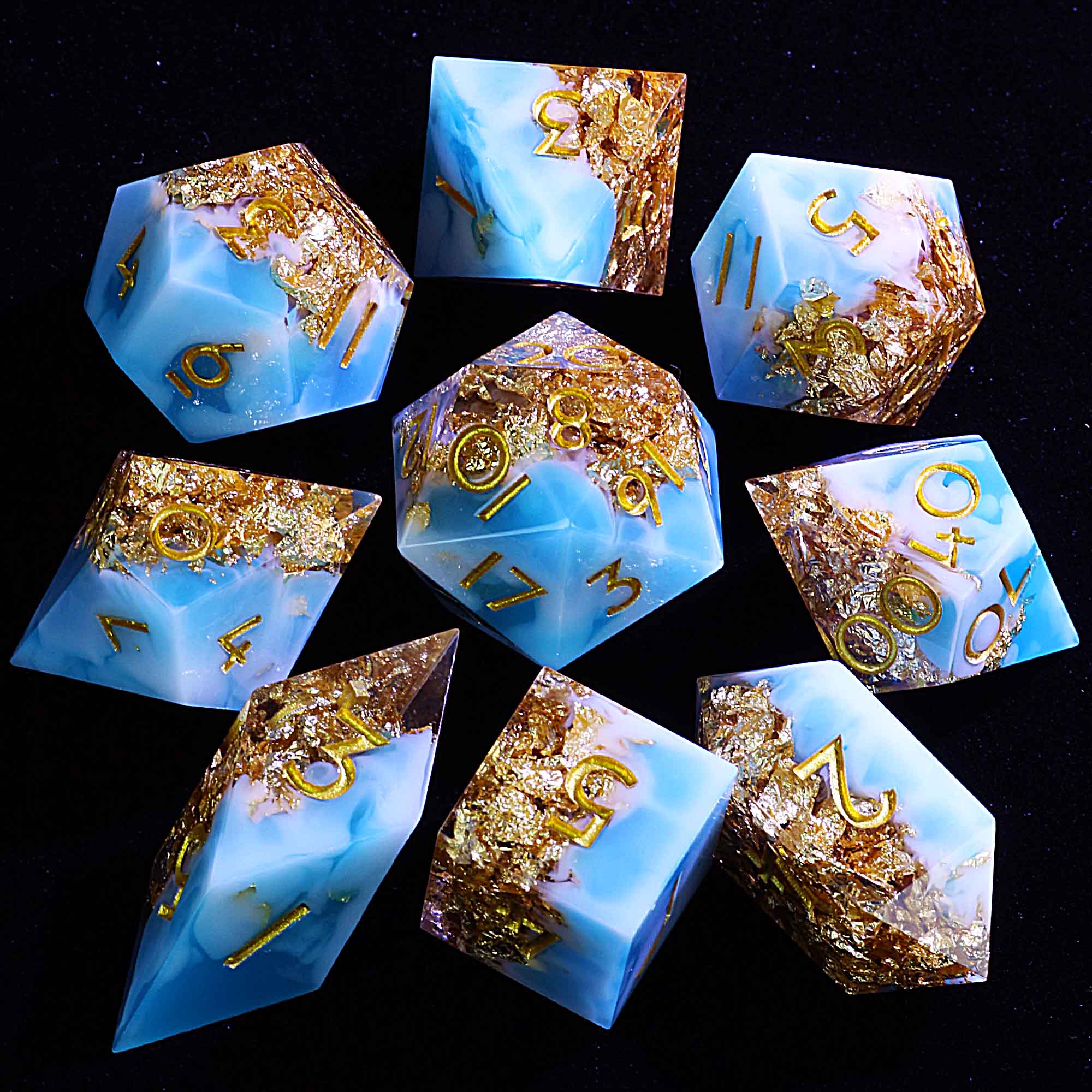 9 Polyhedral Resin Dice Set D and D Azure & Rosegold Oath