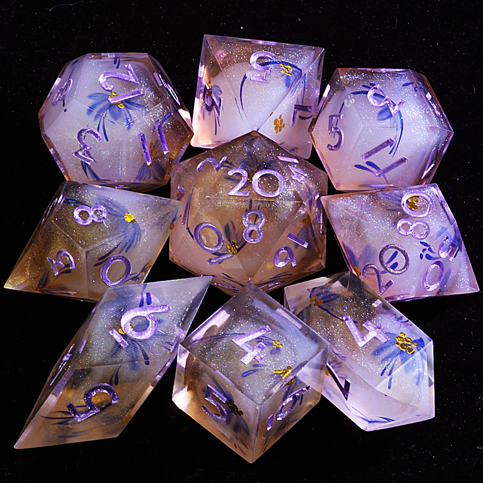 9 Polyhedral Resin Dice Set D and D Ethereal Bloom