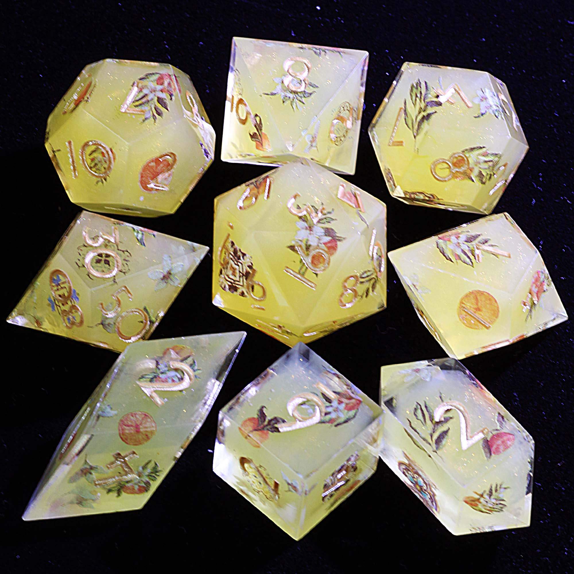 9 Polyhedral Resin Dice Set D and D Sunlit Citrus Grove - Dice of Dragons