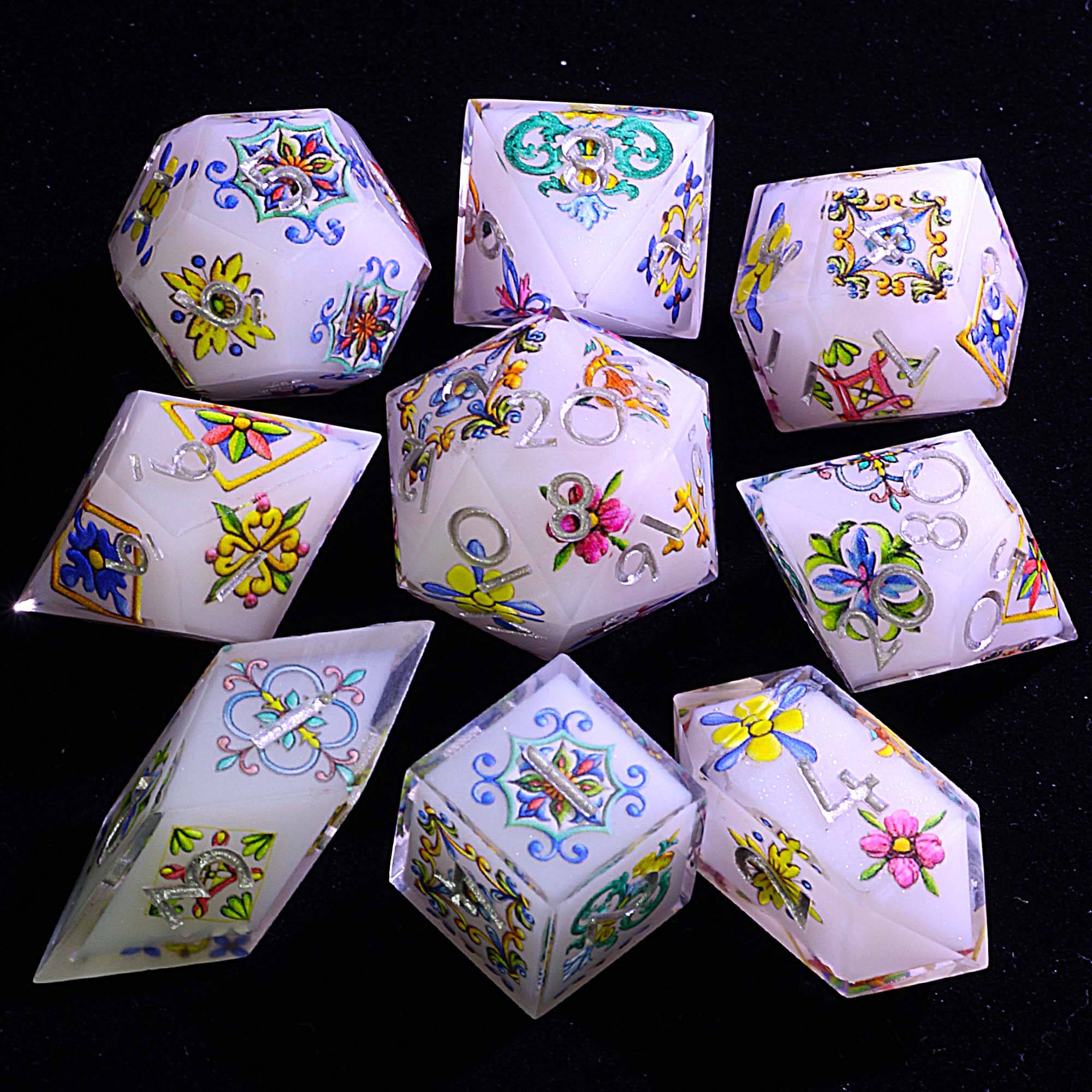 9 Polyhedral Resin Dice Set DD Flower Sigil Oracle - Dice of Dragons