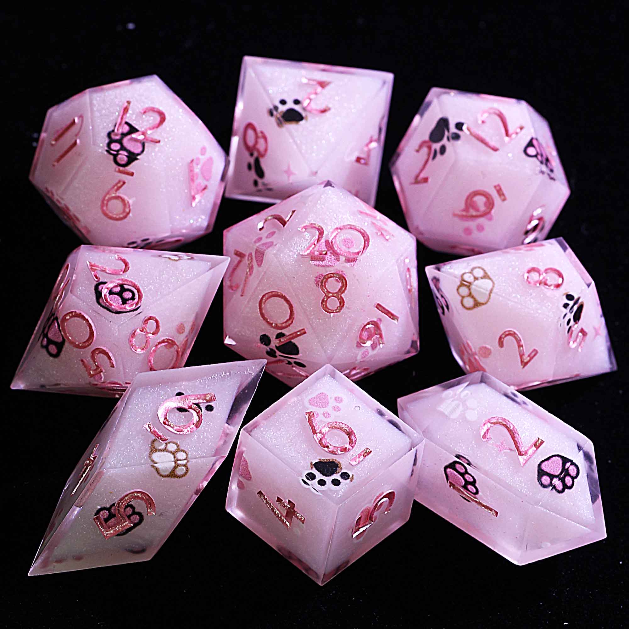 9 Polyhedral Resin Dice Set D&D Pink Cat Paws