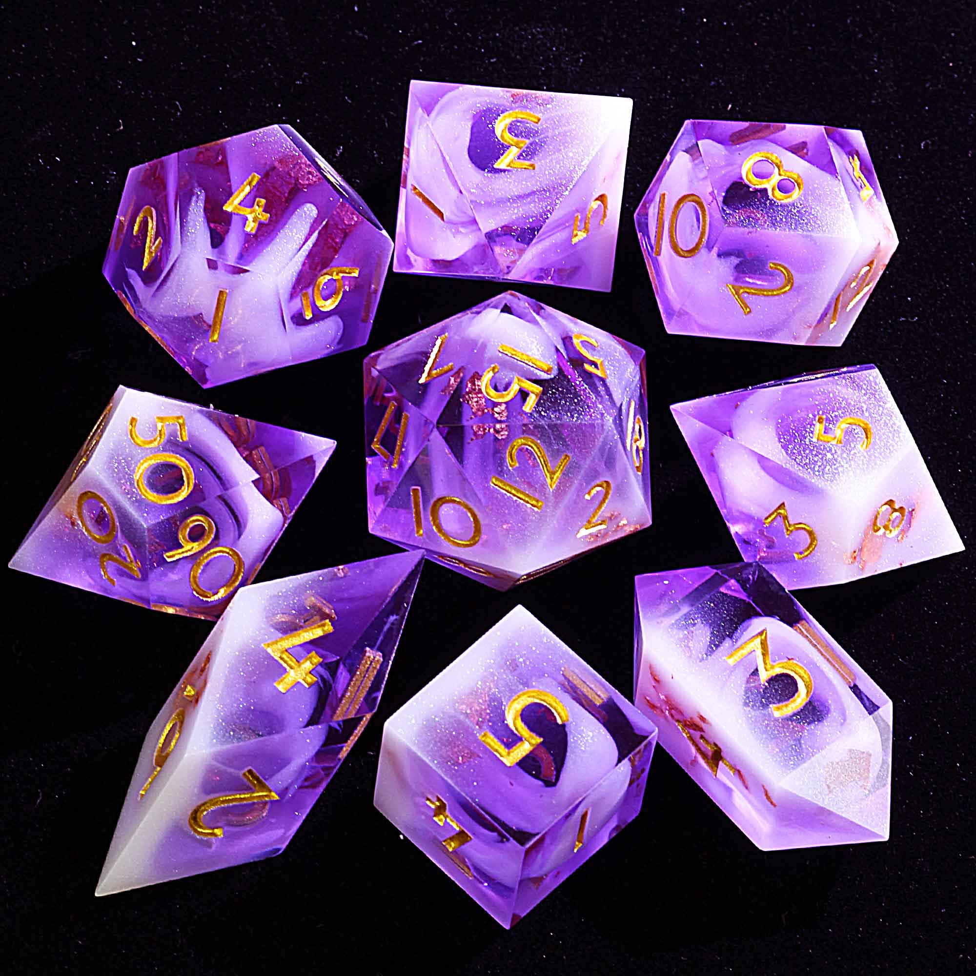 9 Polyhedral Resin DnD Dice Sets Violet Cloud Mirage