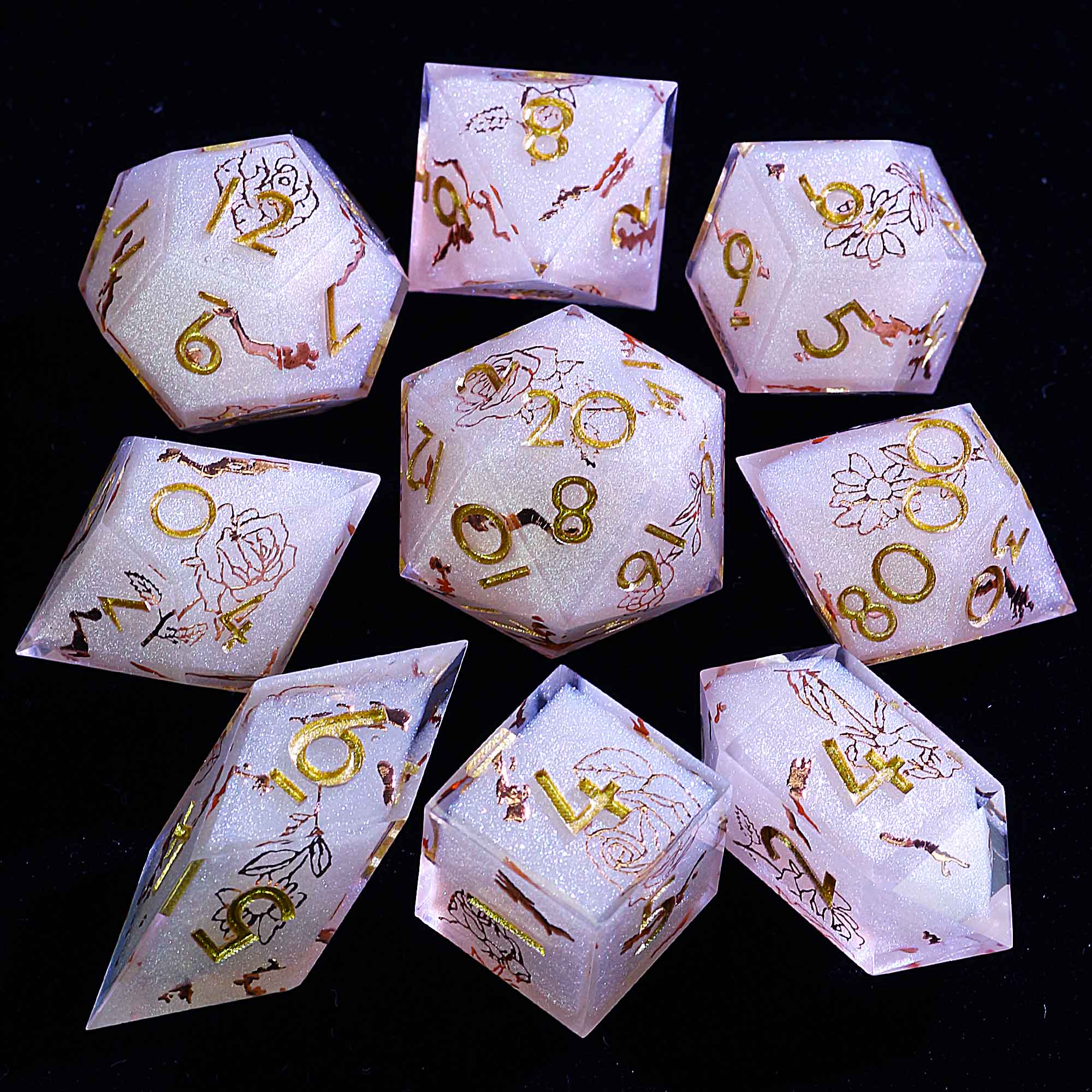 9 Polyhedral Resin D&D Set Dice Aurora Rose Glyph - Dice of Dragons