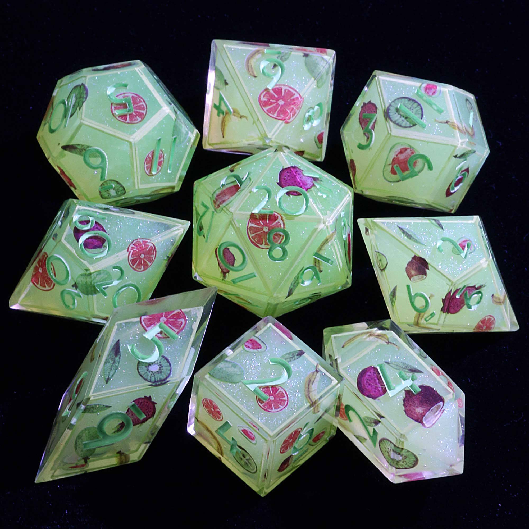 9 Polyhedral Resin D&D Set Dice Fruit Carnival Sugar - Dice of Dragons