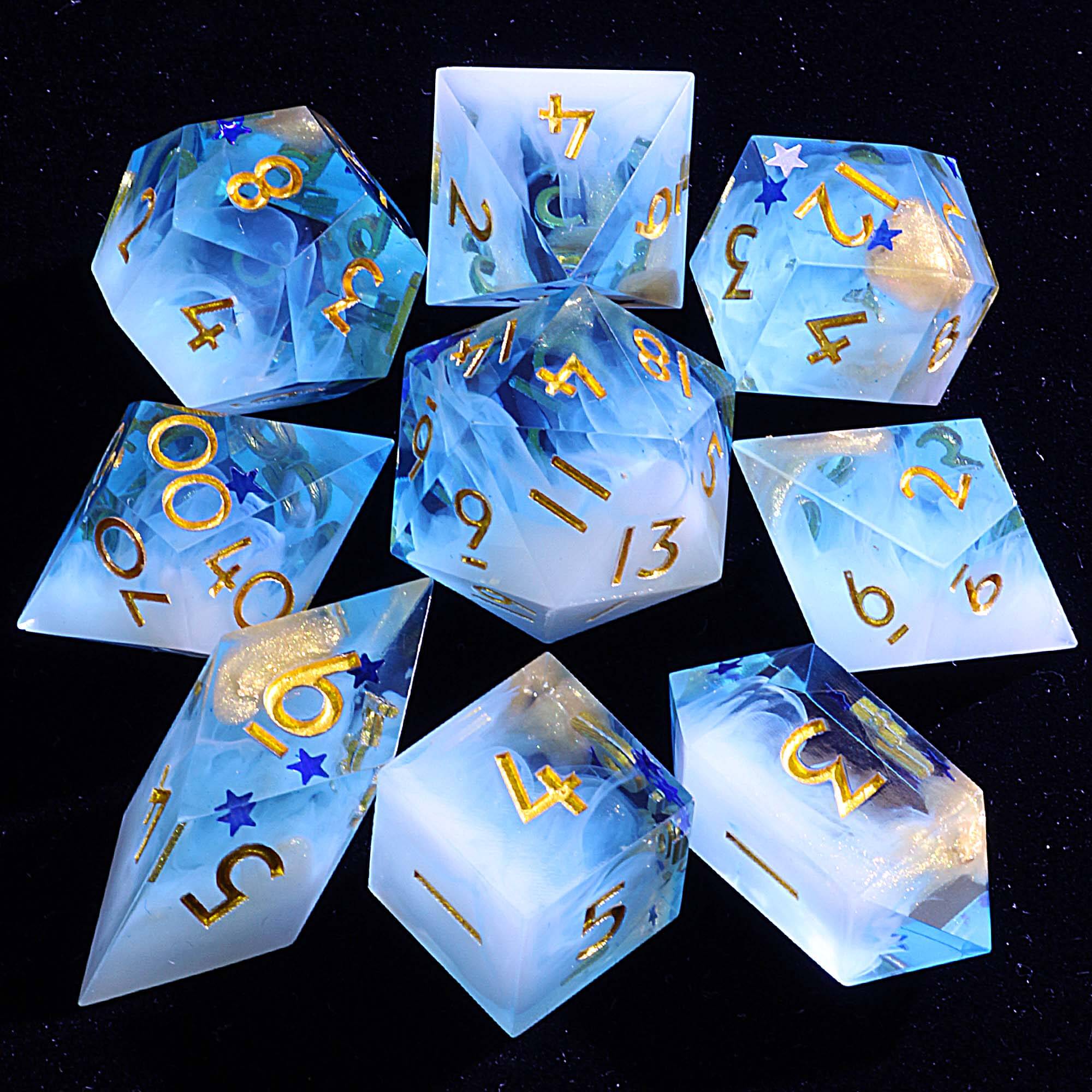 9 Polyhedral Resin DnD Set of Dice Frost Mirage Stellar - Dice of Dragons