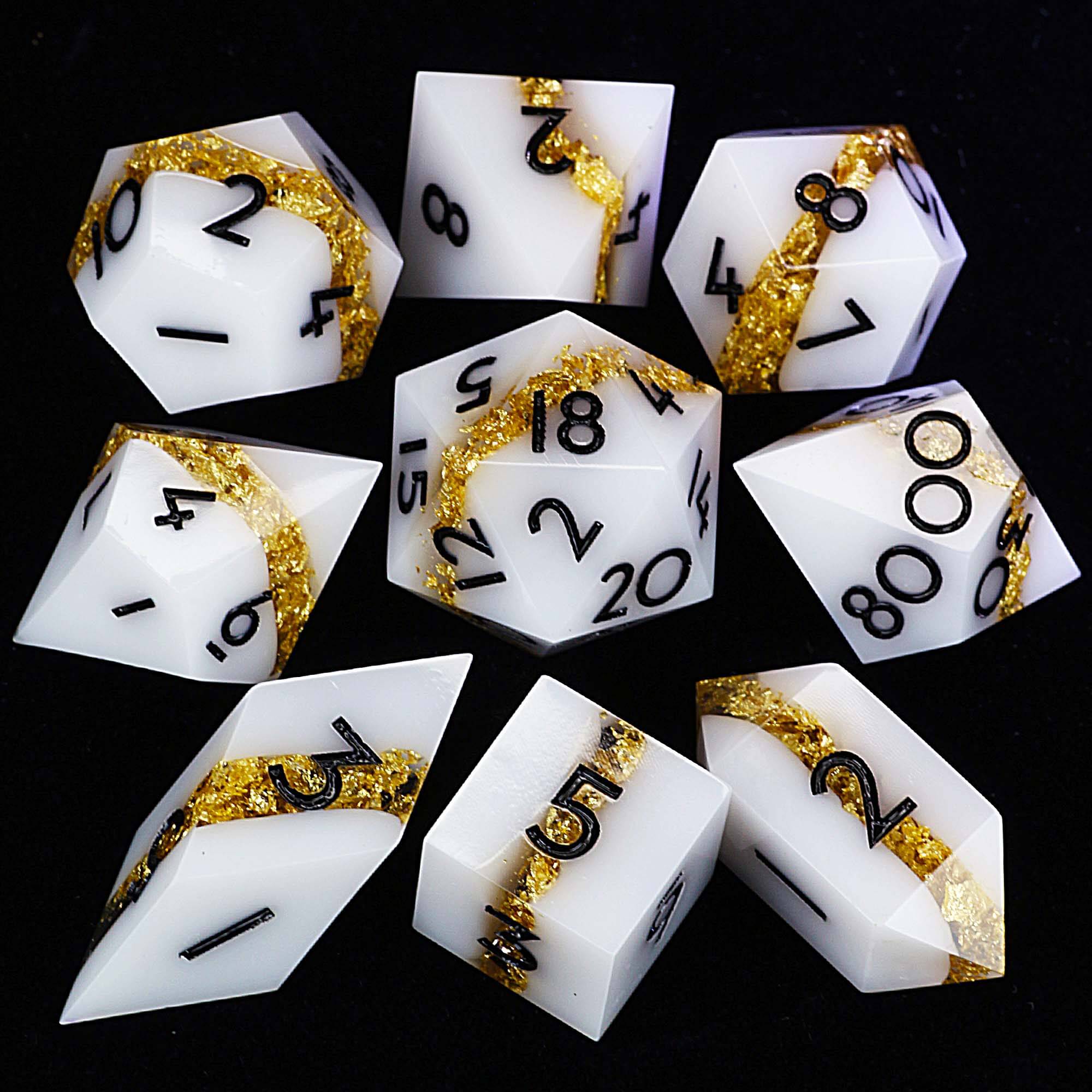 9 Polyhedral Resin DnD Set of Dice White Gold Foil Sandwich - Dice of Dragons