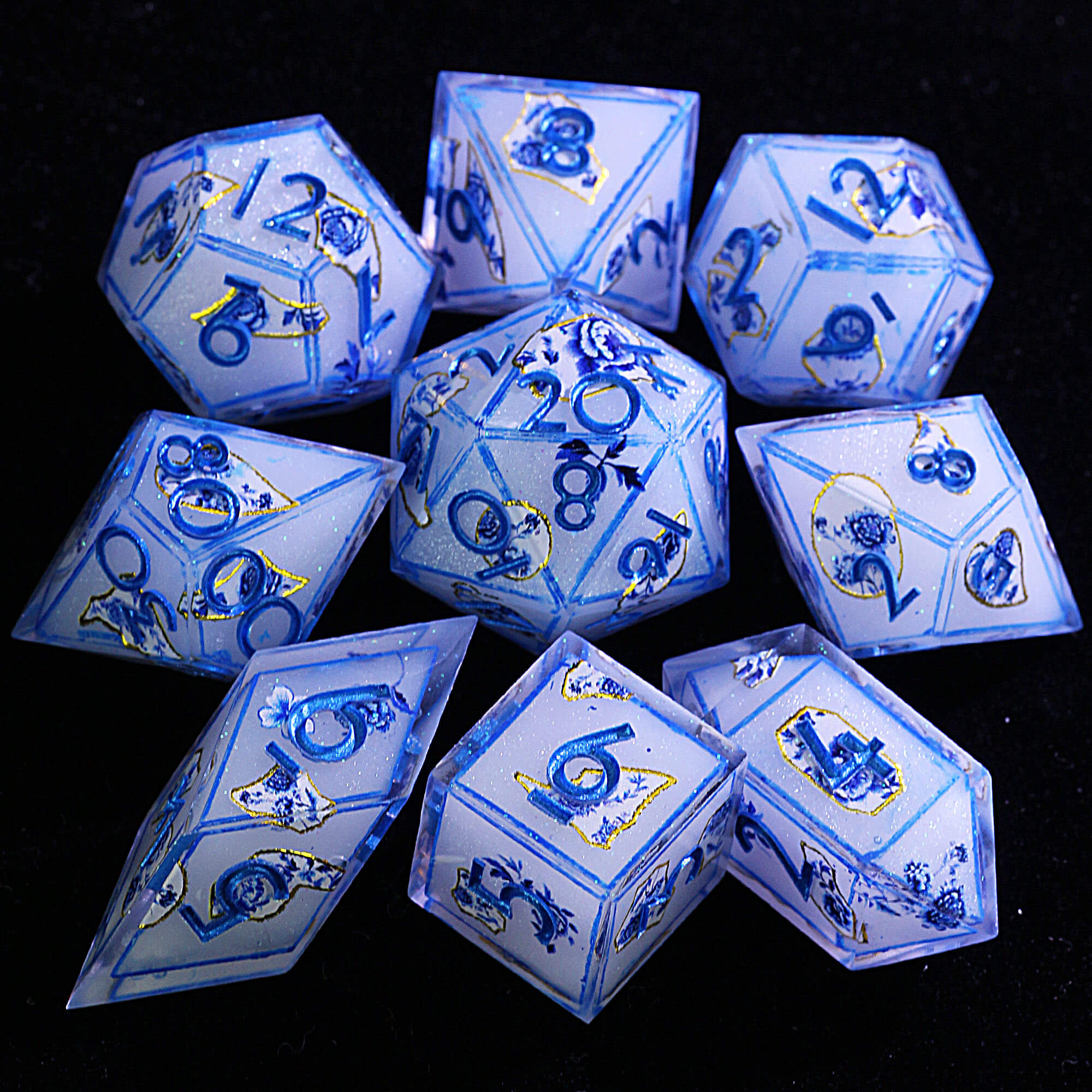 9 Polyhedral Resin D&D Sets Dice Frost Cage Floral - Dice of Dragons