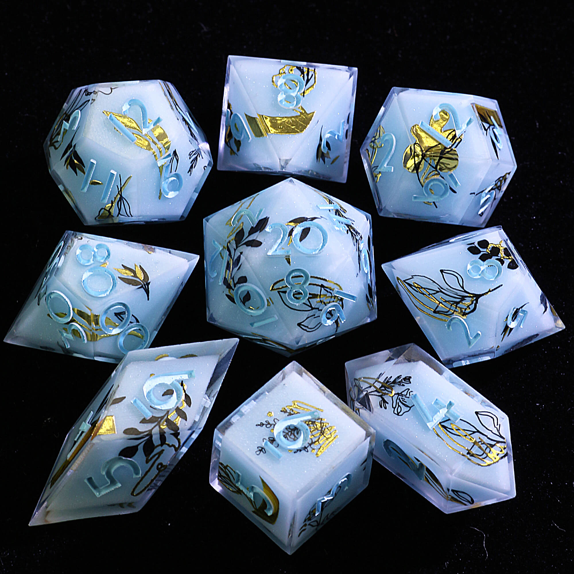 9 Polyhedral Resin DnD Sets Dice Golden Leaf Vein - Dice of Dragons