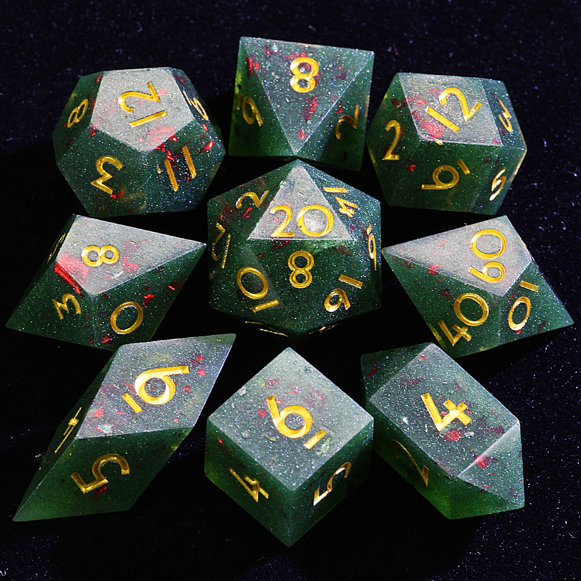 9 Polyhedral Resin D&D Sets of Dice Jade Blood Foil - Dice of Dragons