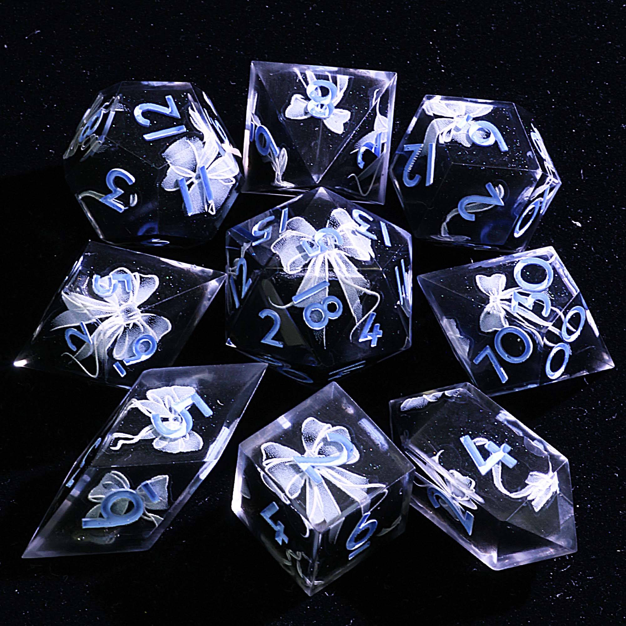 9 Polyhedral Resin DnD Sets of Dice Obsidian Bow Oath - Dice of Dragons