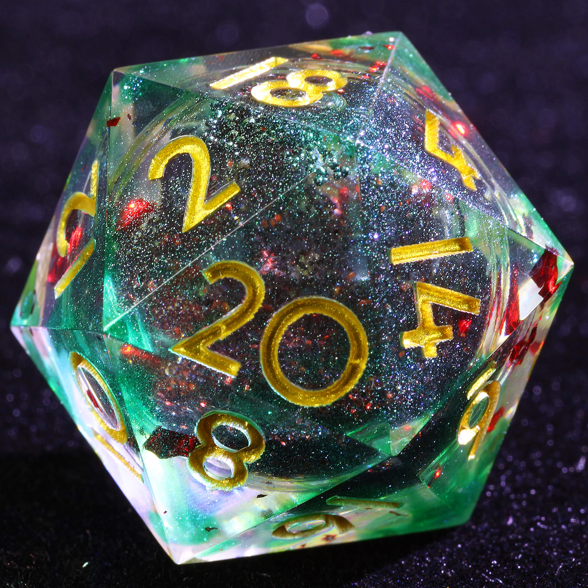 9 Polyhedral Resin Liquid Core D and D set of Dice Crimson Core Hex - Dice of Dragons