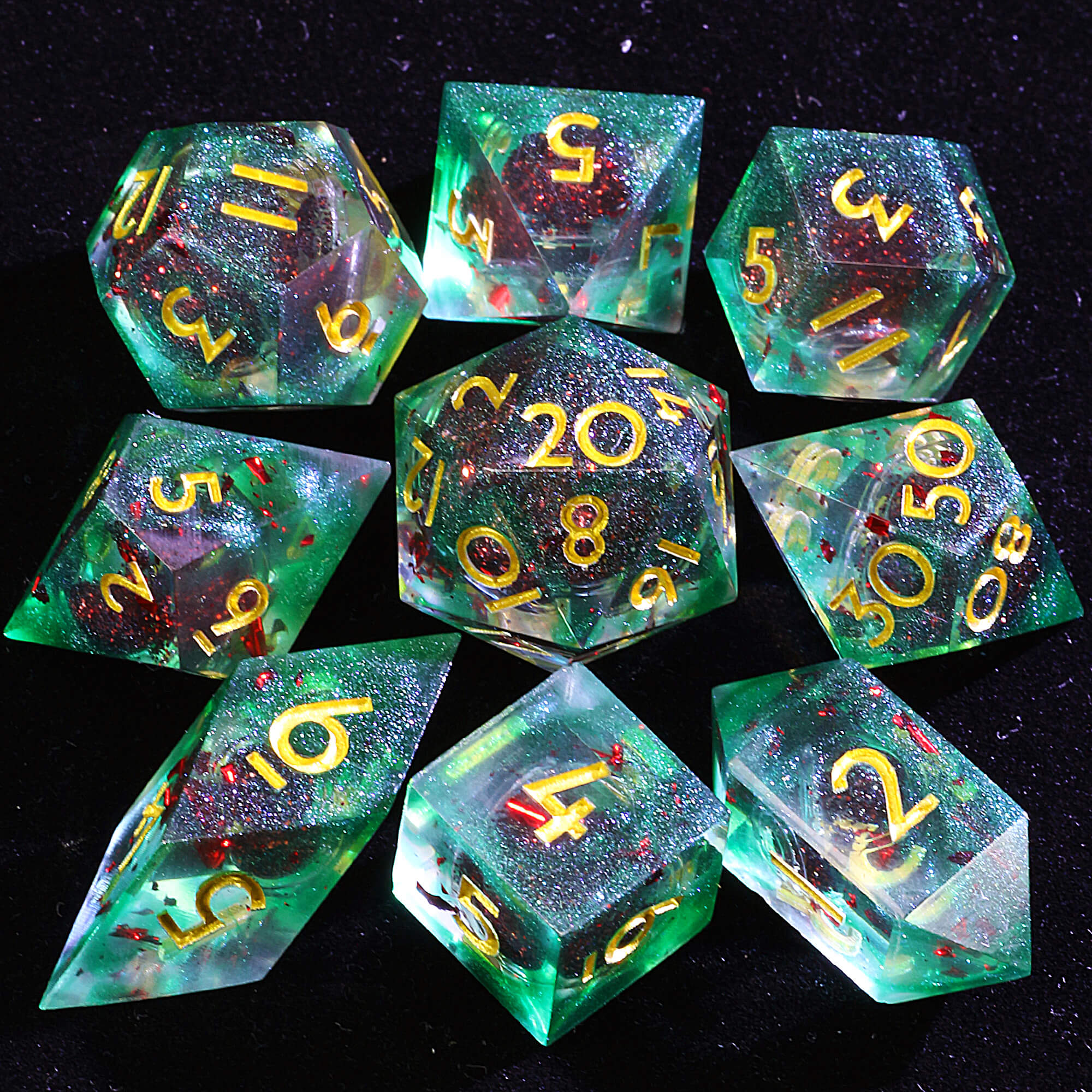 9 Polyhedral Resin Liquid Core D and D set of Dice Crimson Core Hex - Dice of Dragons