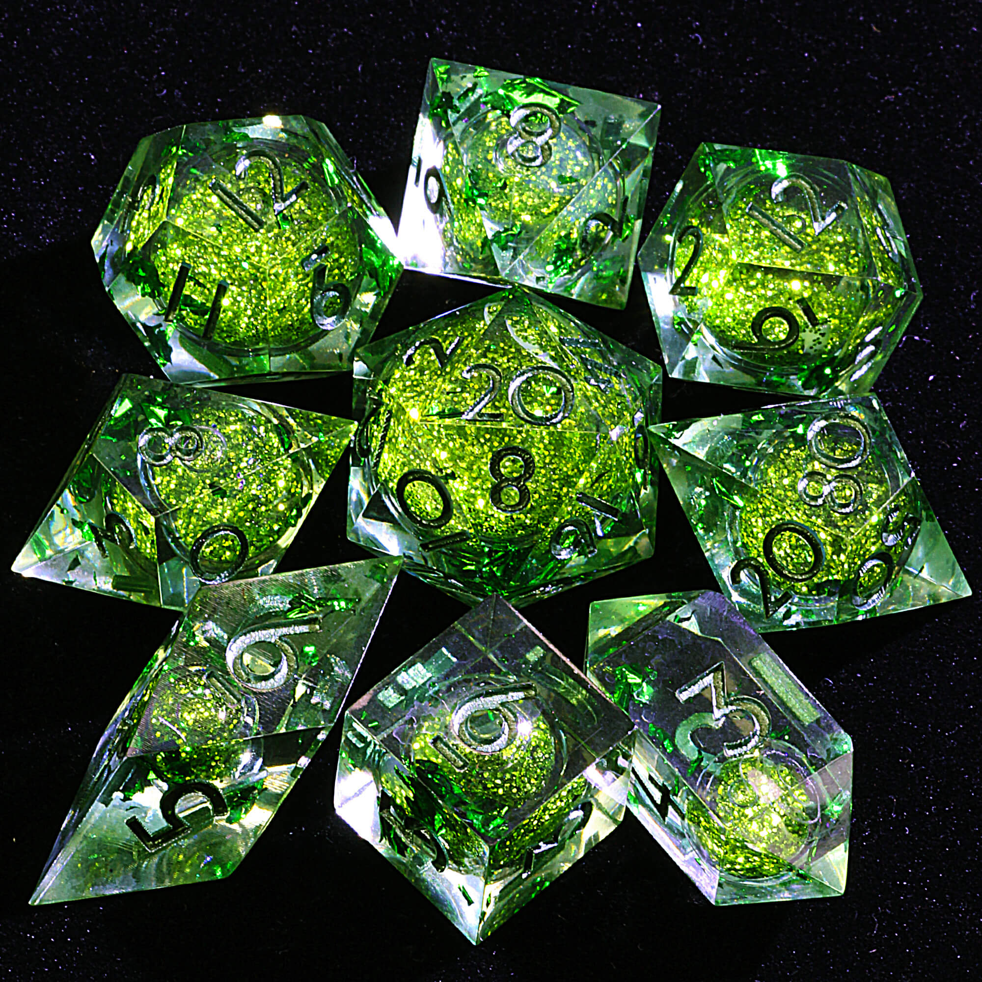 9 Polyhedral Resin Liquid Core D and D set of Dice Verdant Sand Jade - Dice of Dragons