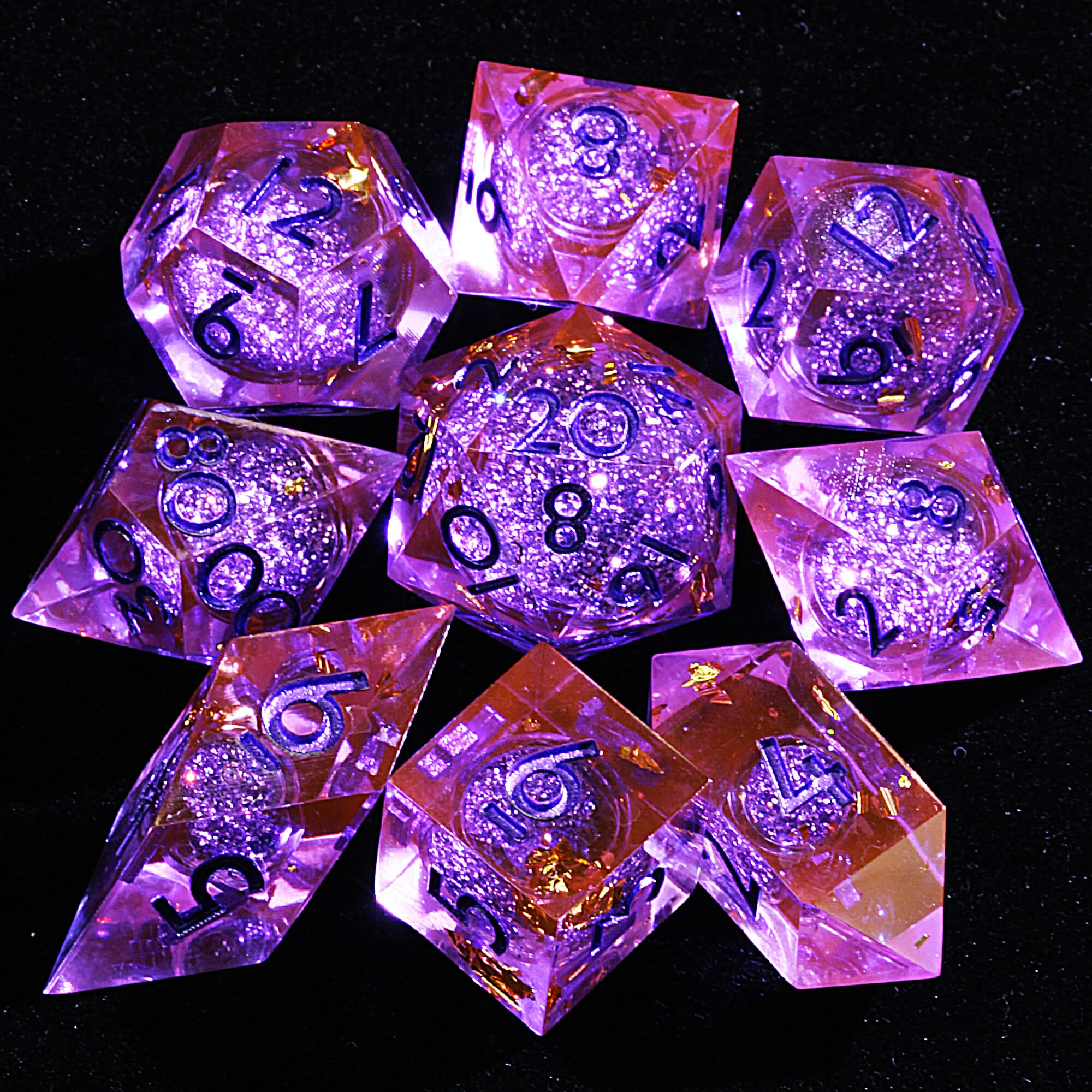 9 Polyhedral Resin Liquid Core DD Set of Dice Amethyst Sand Gold - Dice of Dragons