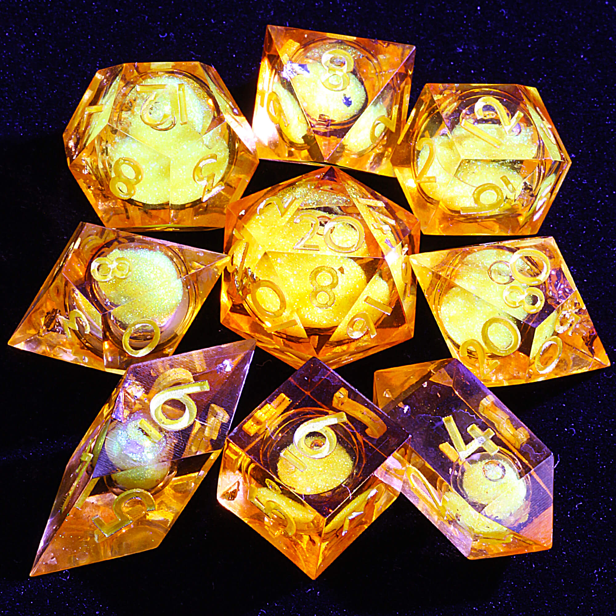 9 Polyhedral Resin Liquid Core Sets Dice DD Golden Hourglass - Dice of Dragons