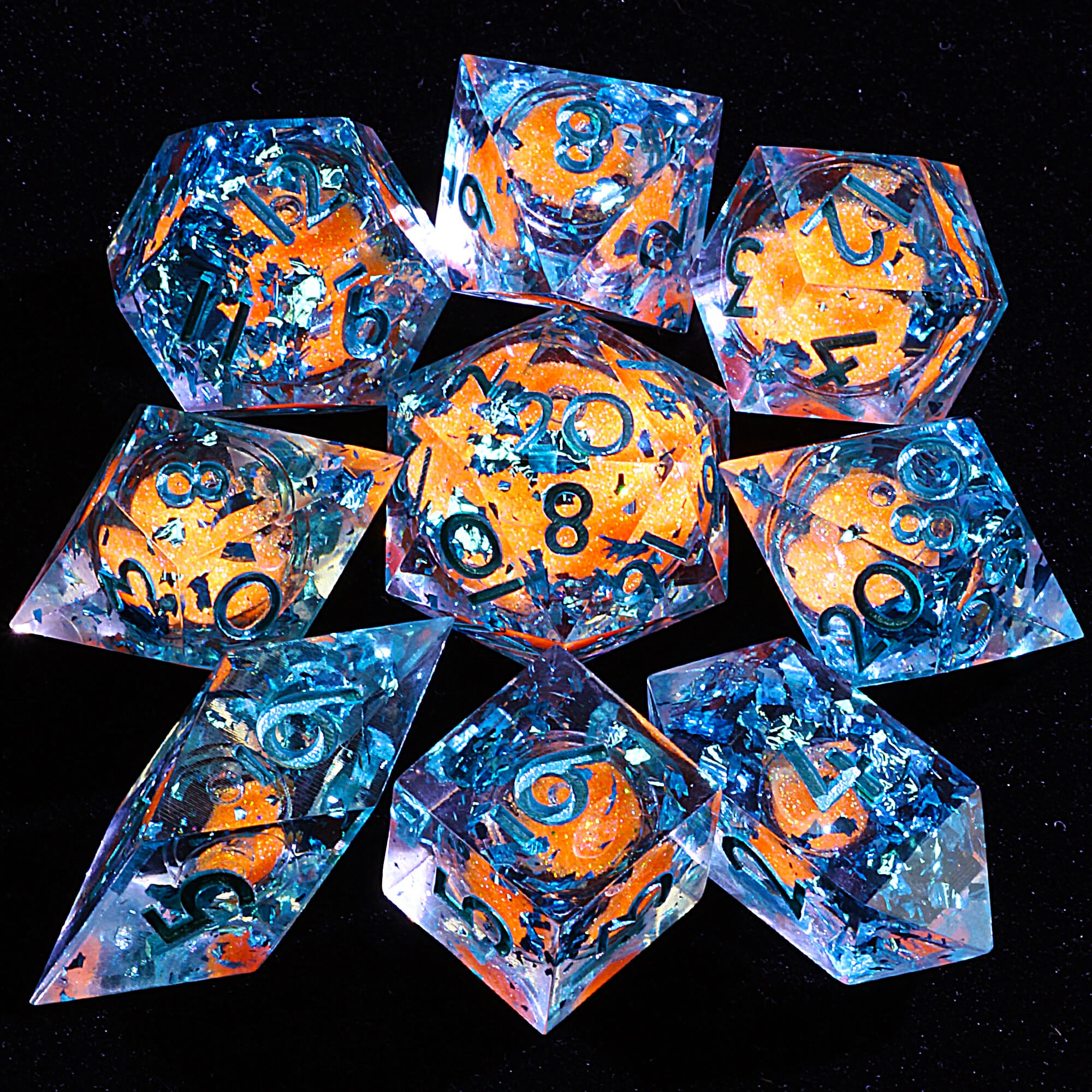 9 Polyhedral Resin Liquid Core Sets Dice DnD Azure Sand Tide - Dice of Dragons