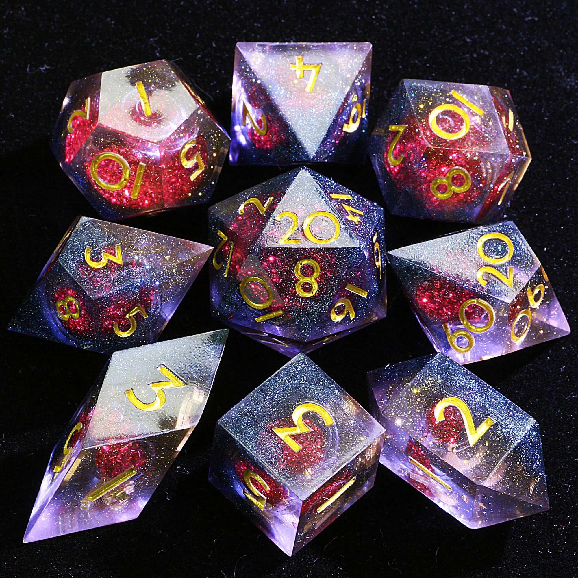 9 Polyhedral Resin Liquid Sets D and D Dice Crimson Core Shell - Dice of Dragons
