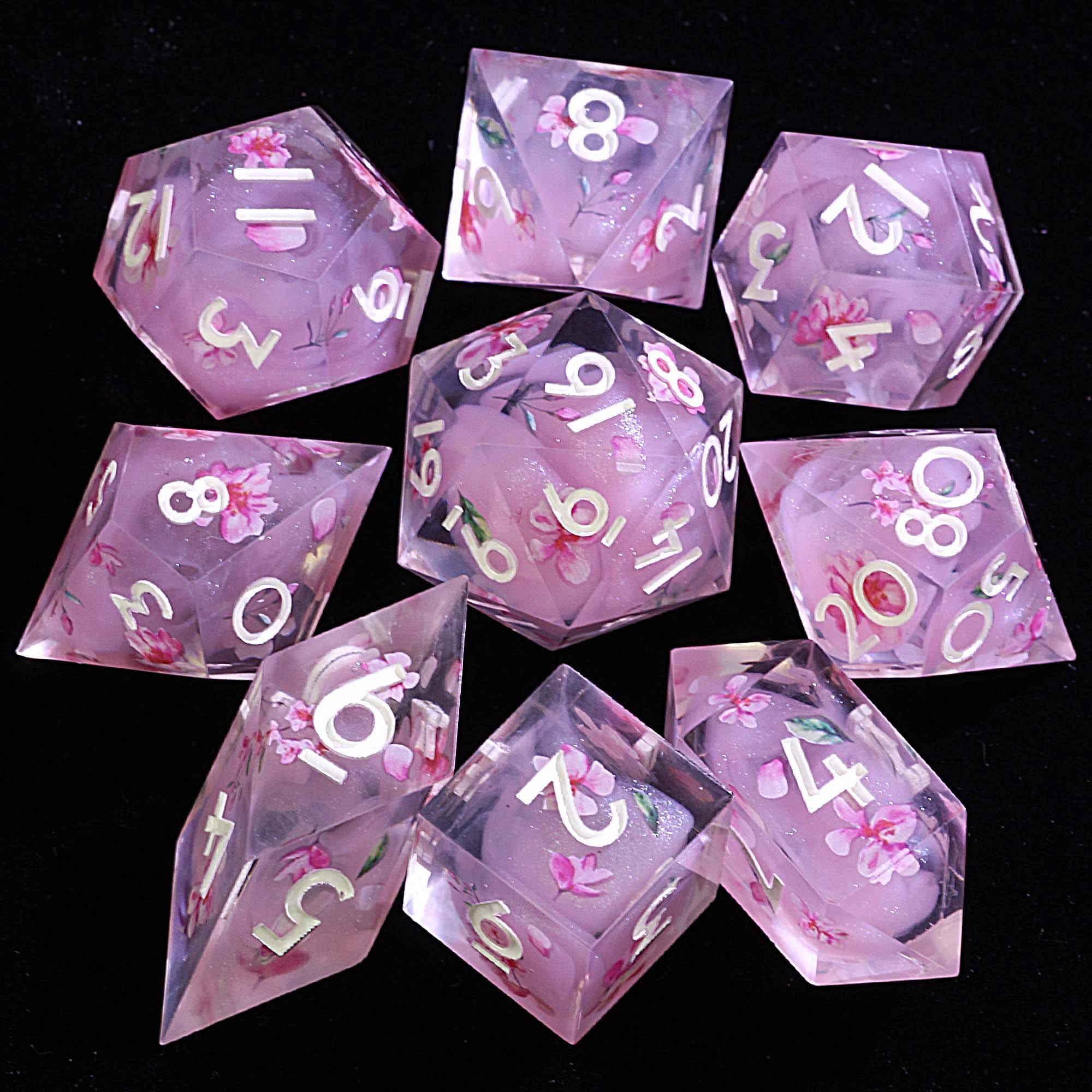 9 Polyhedral Resin Set D and D Dice Peach Blossom Veil - Dice of Dragons