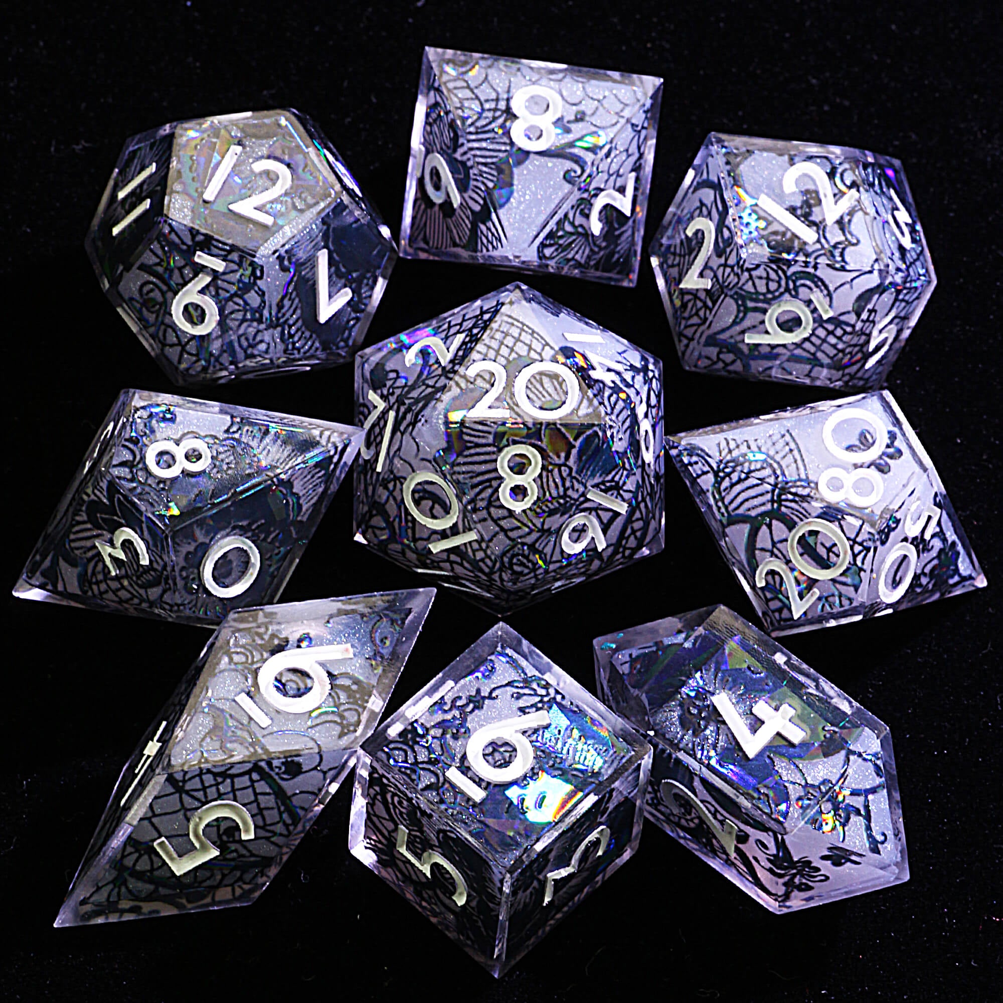 9 Polyhedral Resin Set DD Dice Black Lace - Dice of Dragons