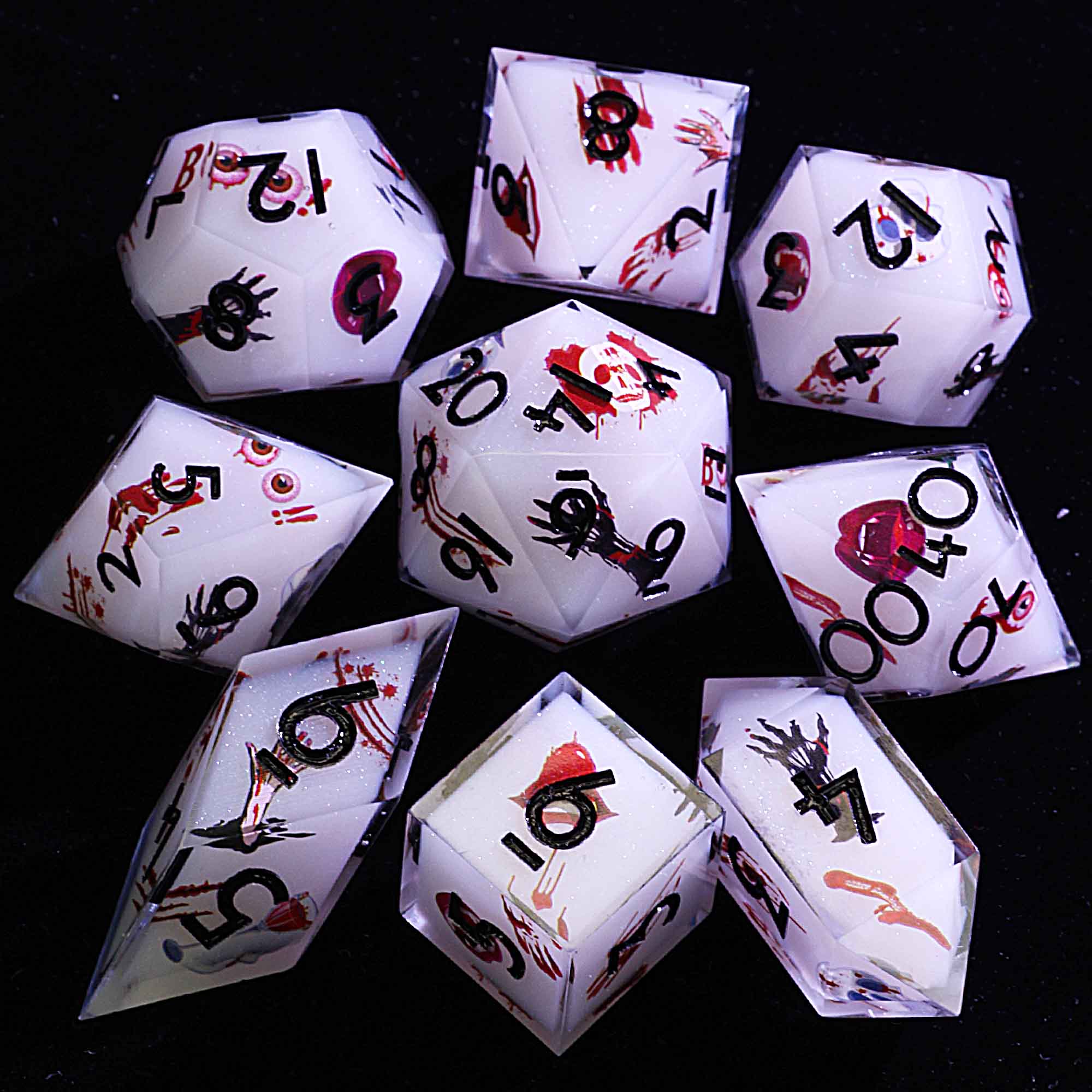 Halloween 9 Polyhedral Resin Set Dice D and D Spectral Pearl Terror - Dice of Dragons