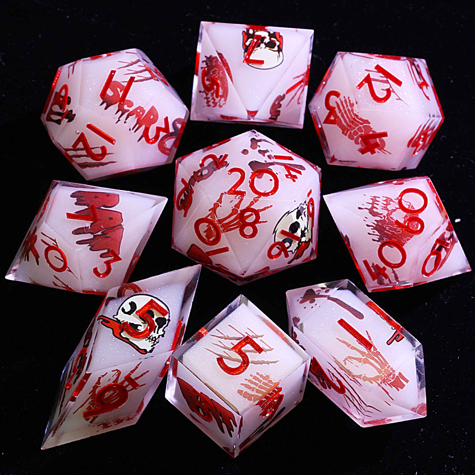 Halloween 9 Polyhedral Resin Set Dice DnD Bone Candy Nightmare - Dice of Dragons