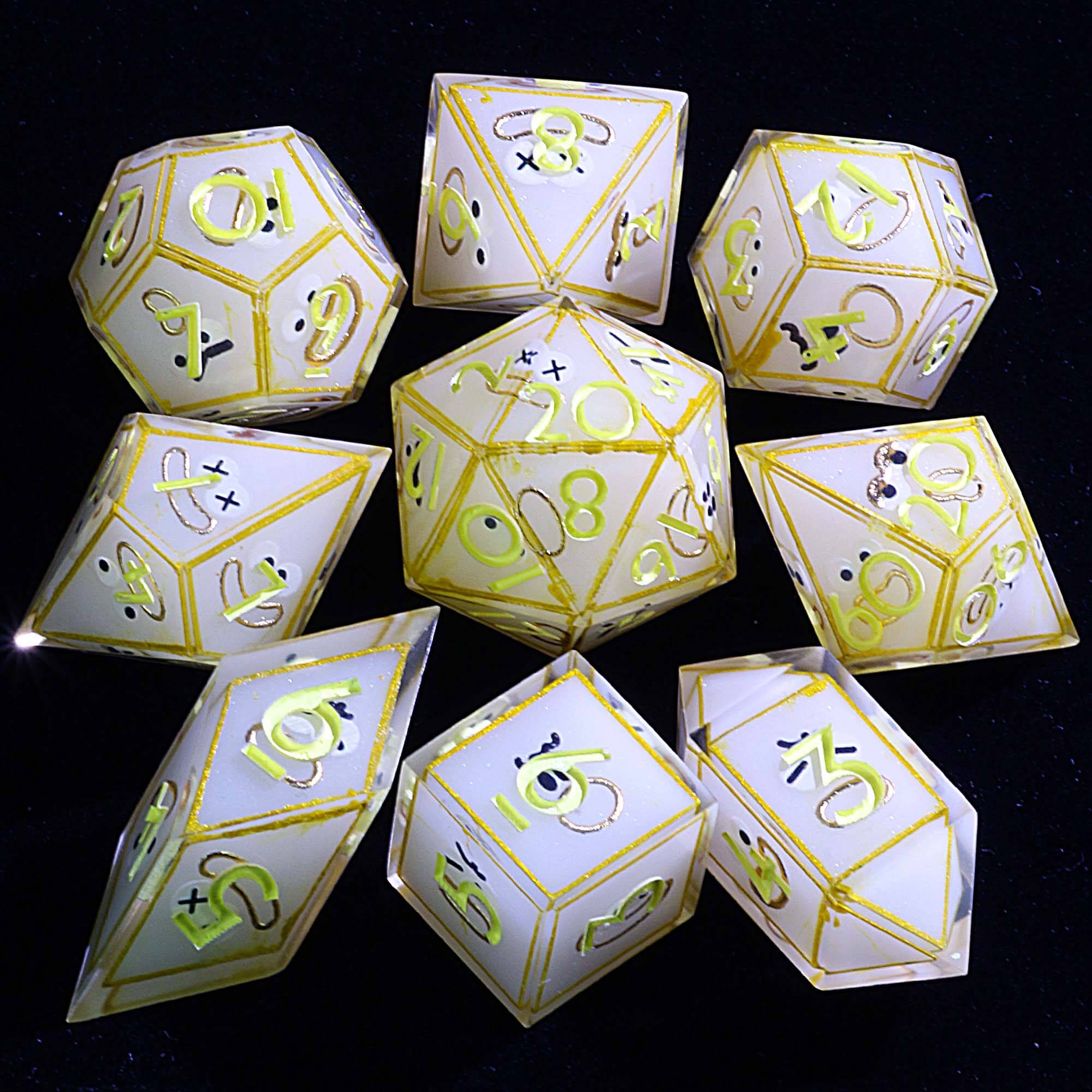 9 Polyhedral Resin Set Dice DnD Golden Eyed Jester’s Decree - Dice of Dragons