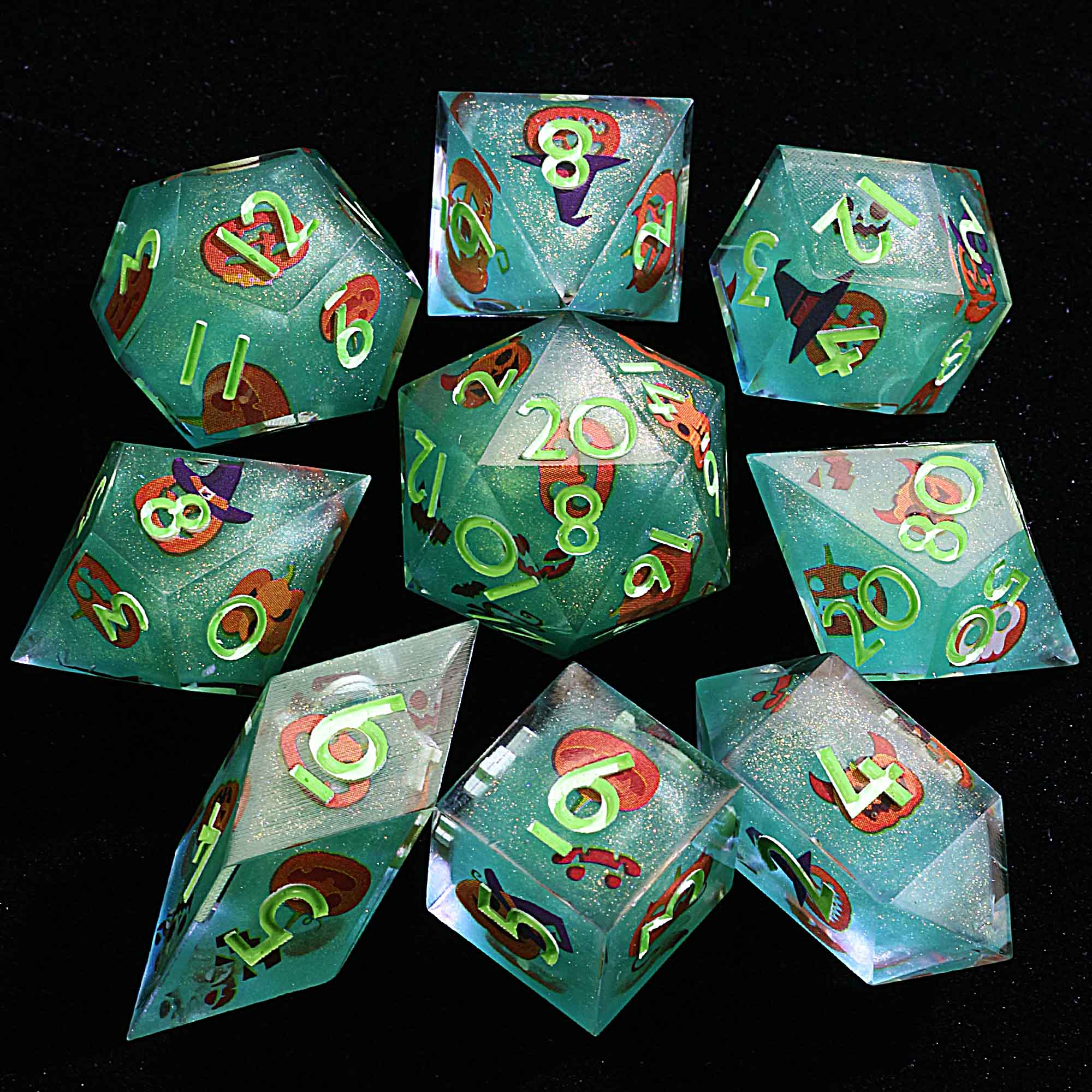 Halloween 9 Polyhedral Resin Set Dice D&D Grinning Gourd Glow - Dice of Dragons