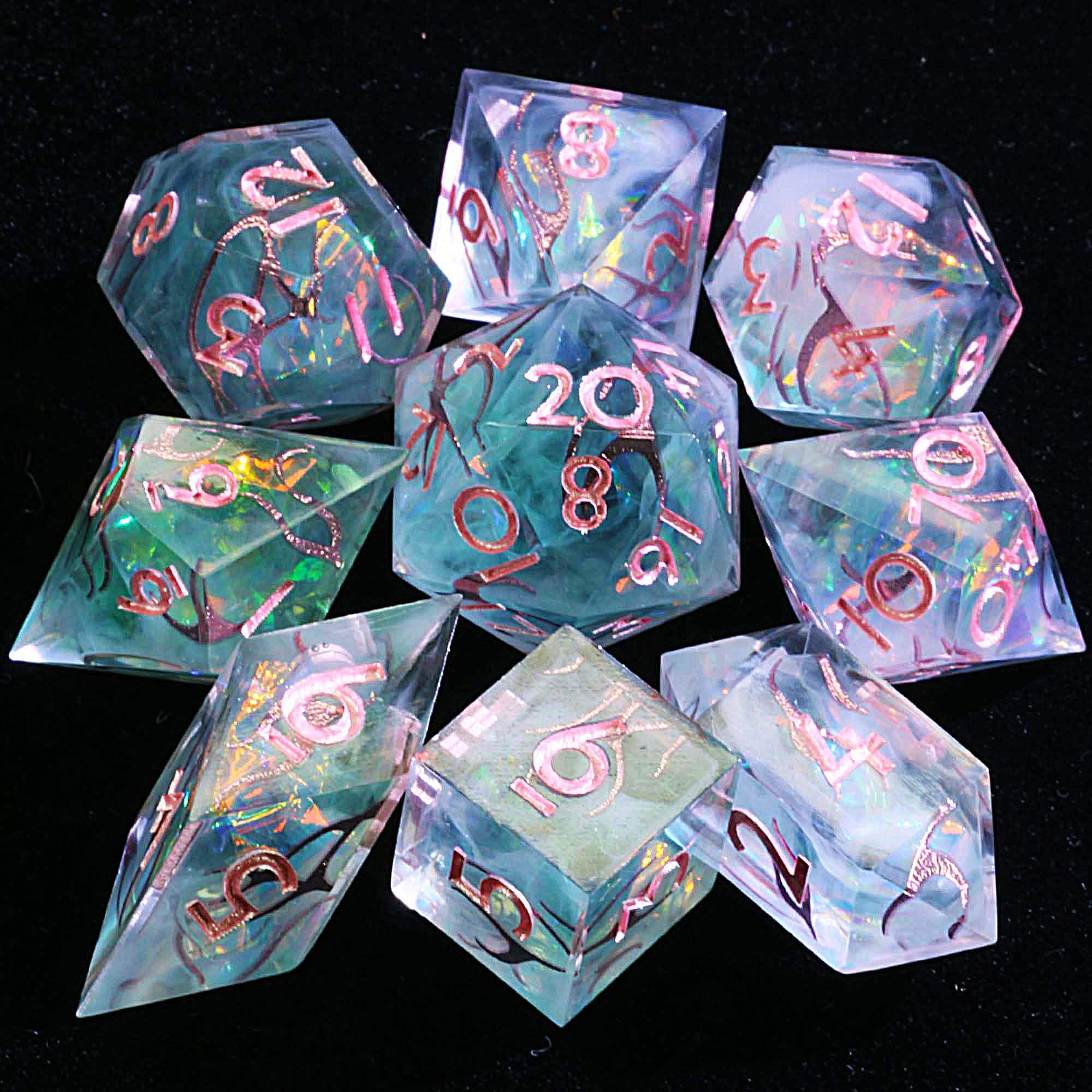 9 Polyhedral Resin Set Dice D&D Misty Green Vein