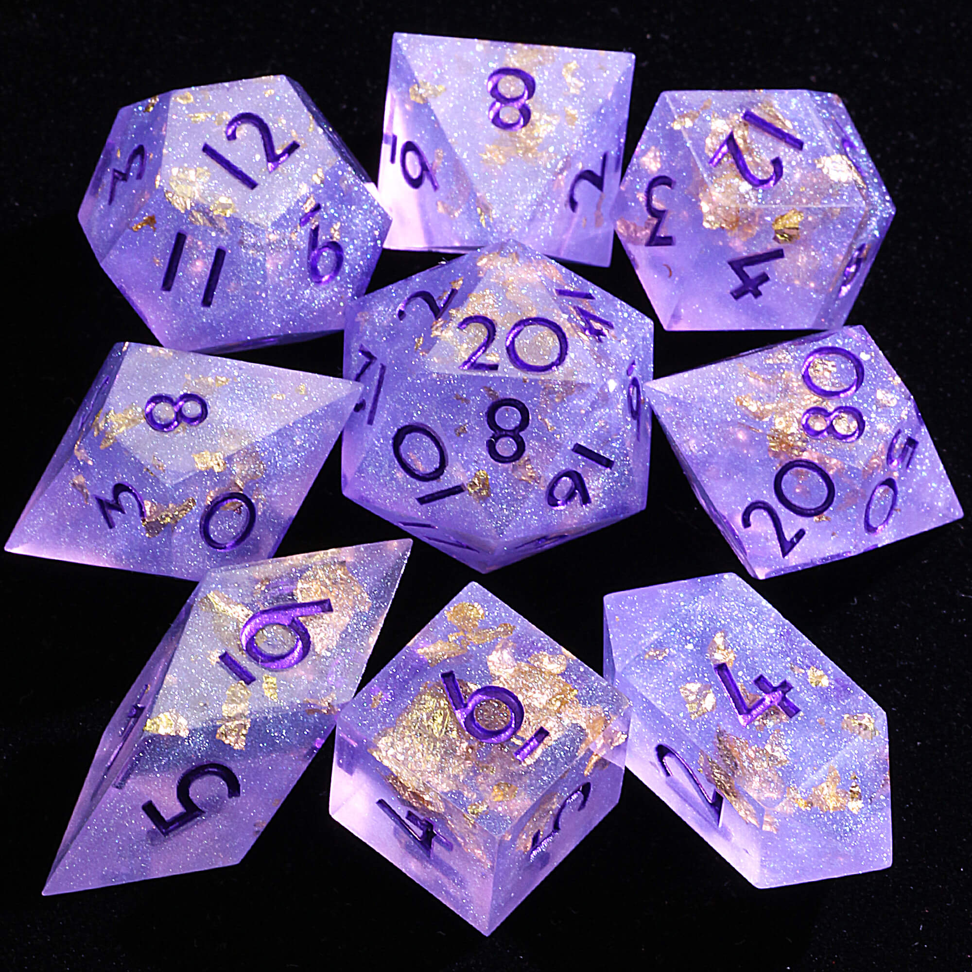 9 Polyhedral Resin Set D&D Dice Amethyst Gold Dust - Dice of Dragons
