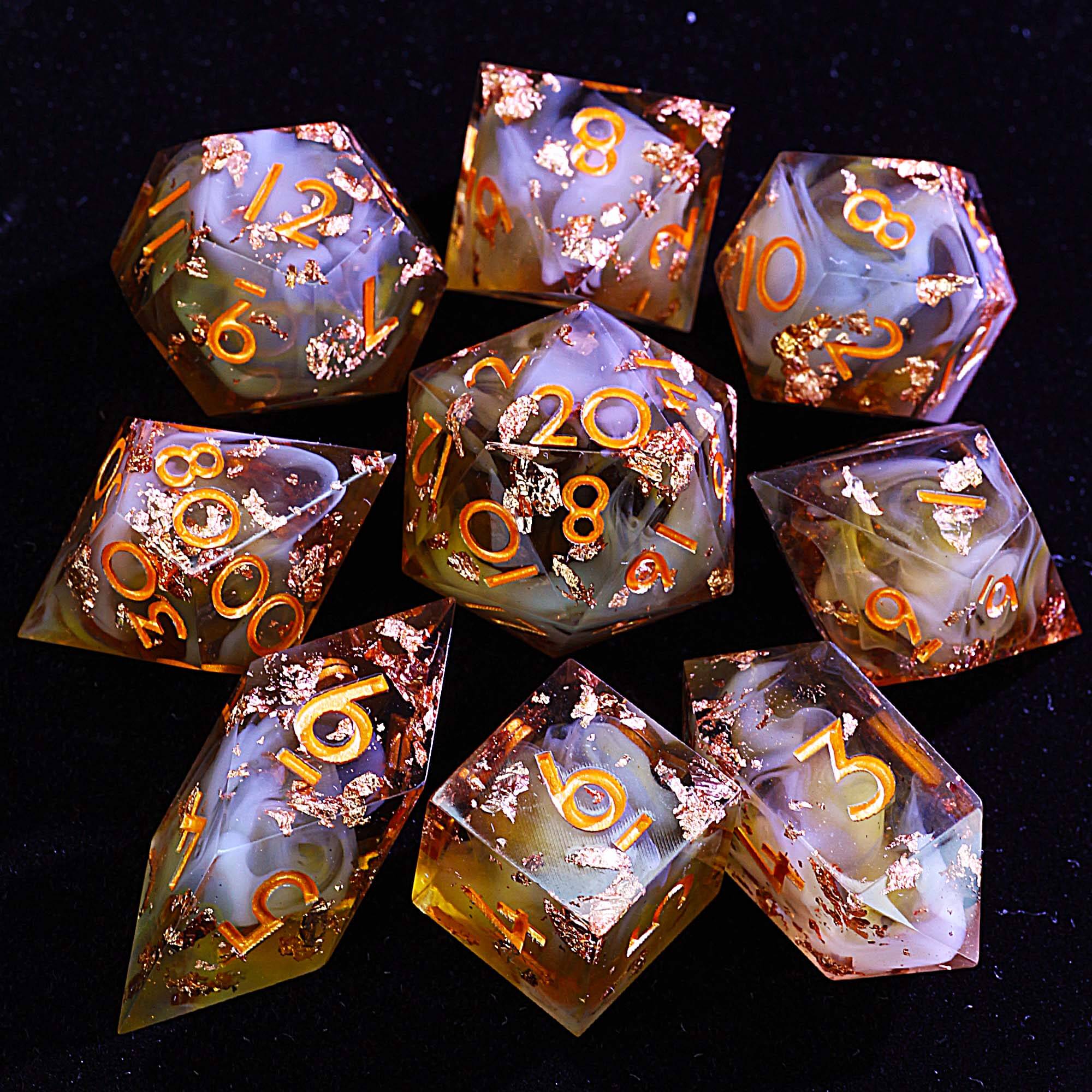 9 Polyhedral Resin Set D&D Dice Caramel Cloud with Gold Foil - Dice of Dragons
