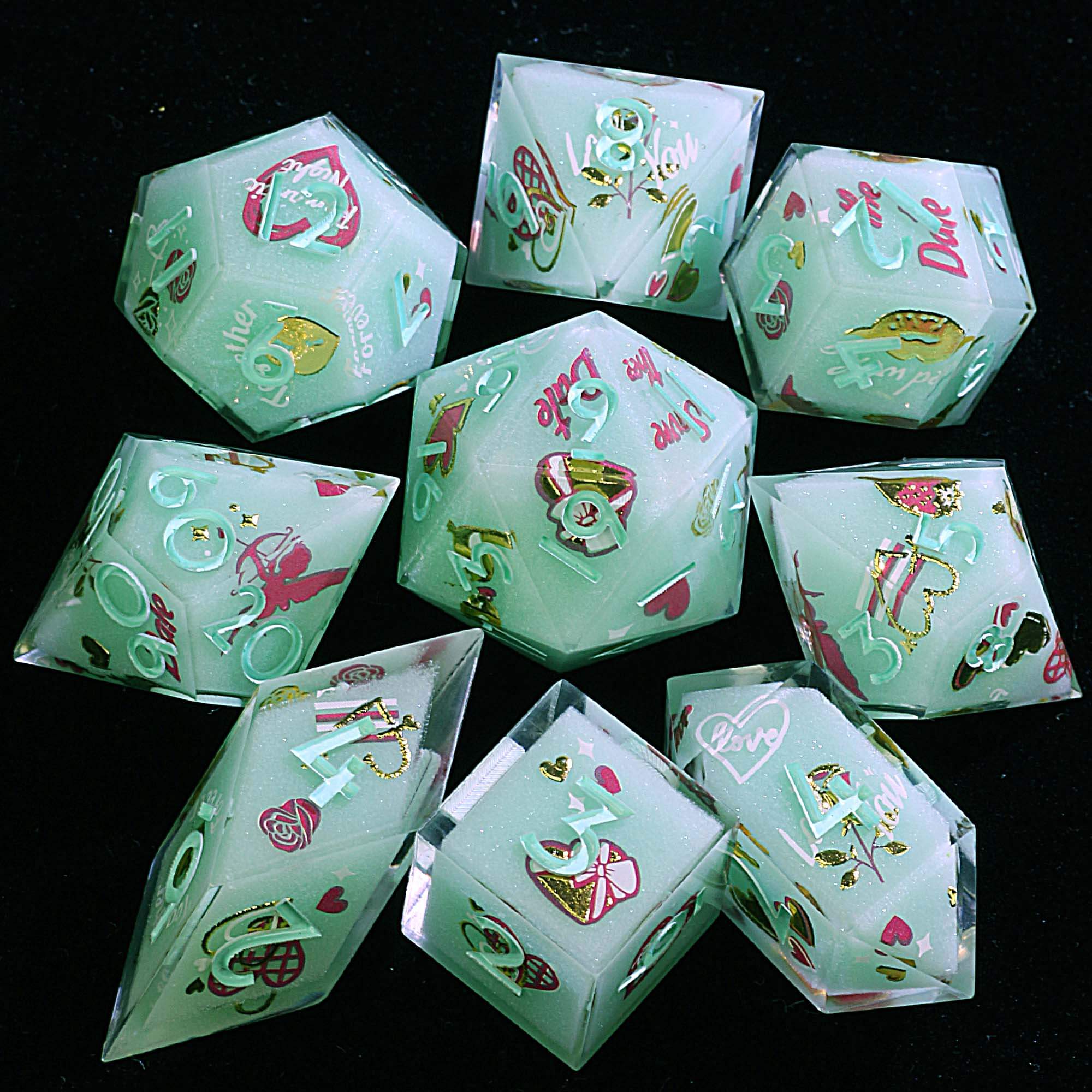 9 Polyhedral Resin Set DnD Dice Cupid’s Candy Arrow - Dice of Dragons