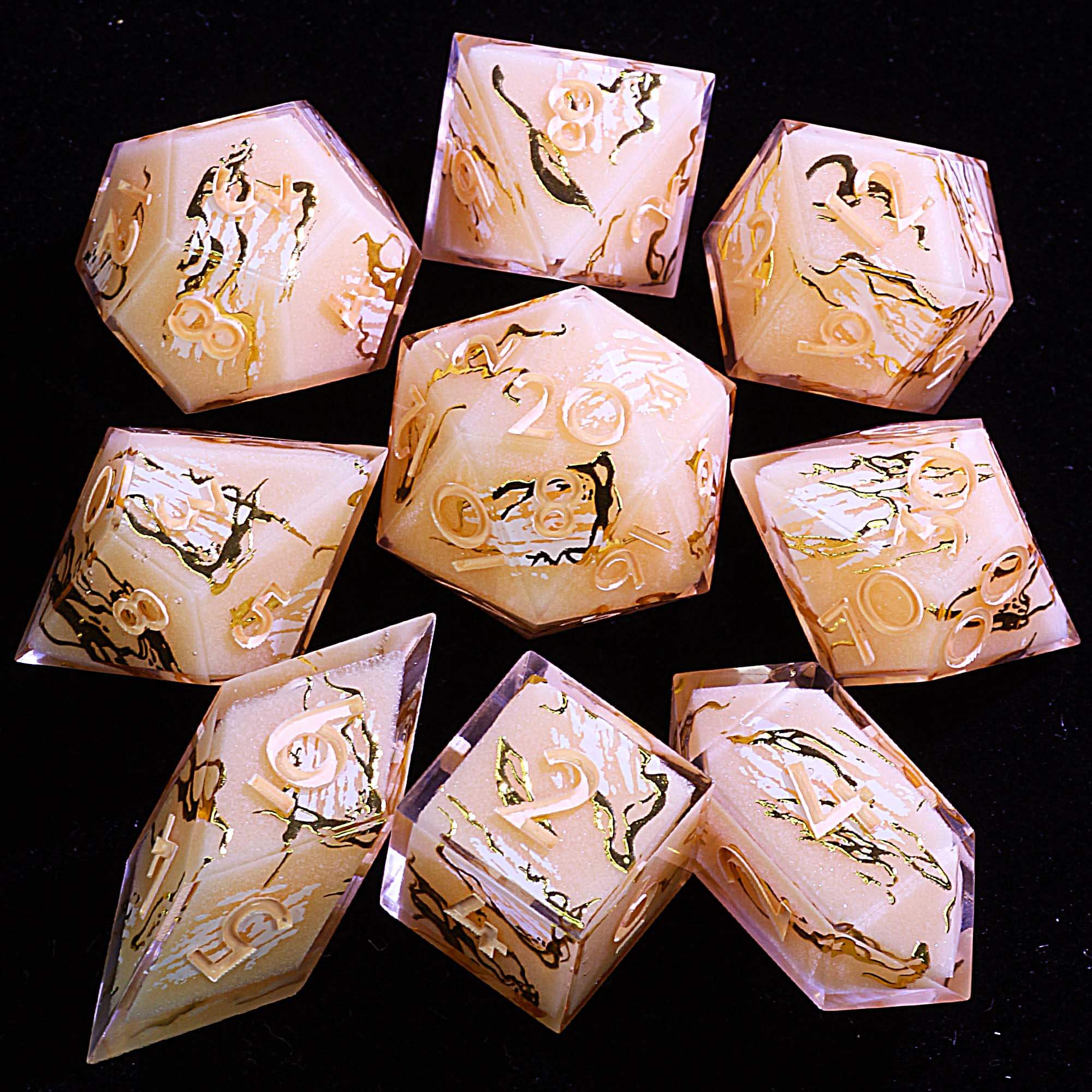 9 Polyhedral Resin Set D&D Dice Golden Abstrax Mirage - Dice of Dragons