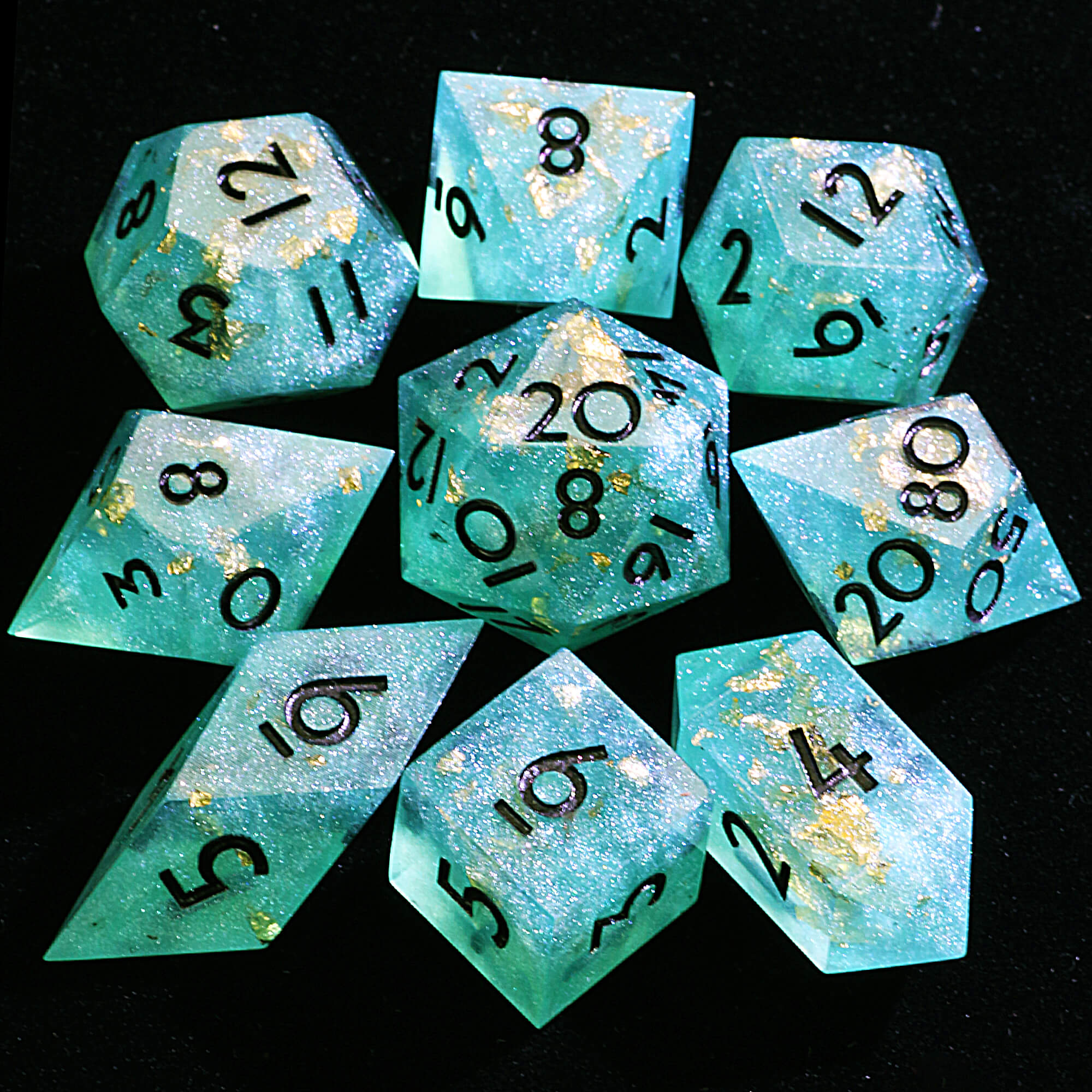 9 Polyhedral Resin Set DnD Dice Jade Gold Dust - Dice of Dragons