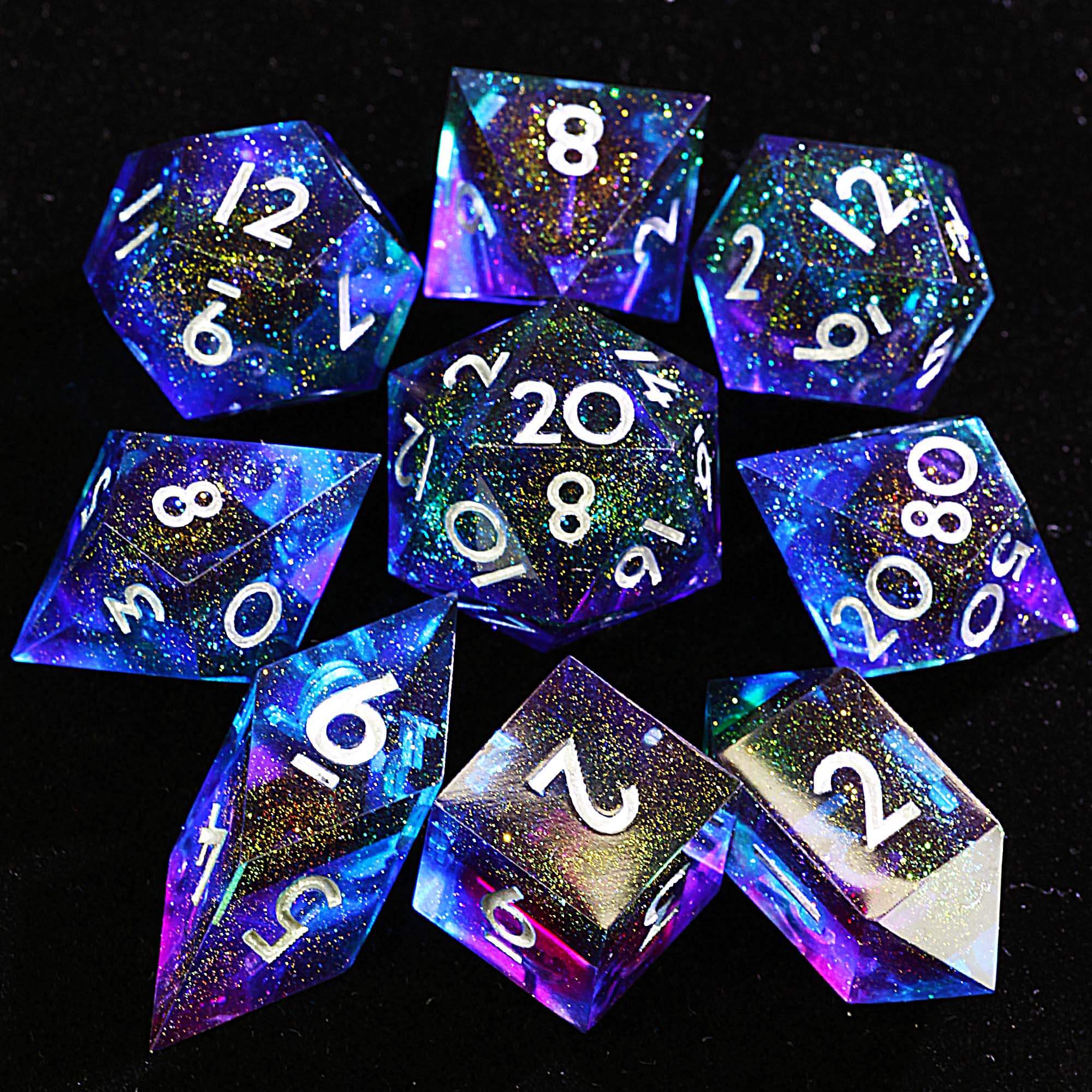 9 Polyhedral Resin Set DnD Dice Rainbow Holographic Swirl - Dice of Dragons