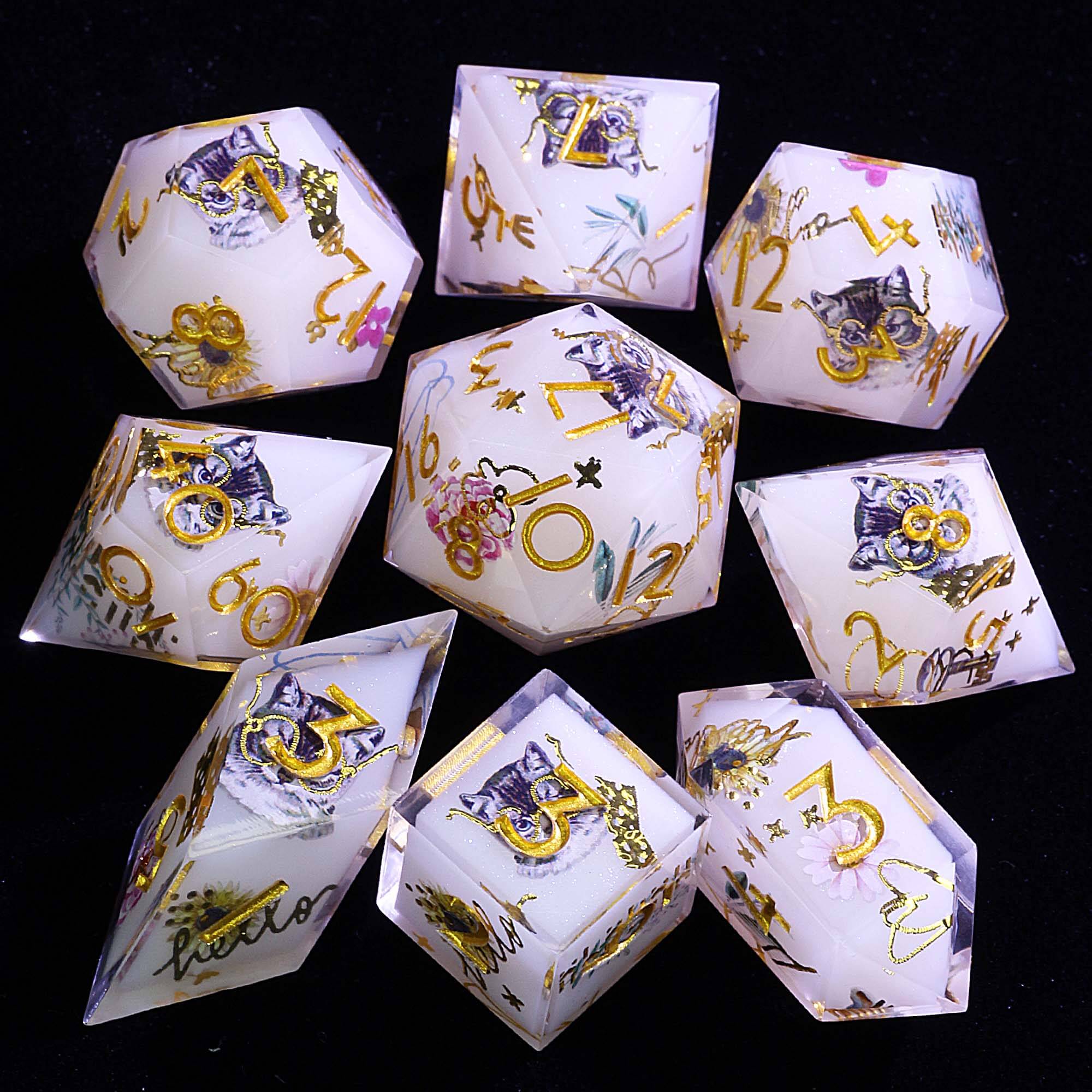 9 Polyhedral Resin Set of D and D Dice Gilded Whisker Floral - Dice of Dragons