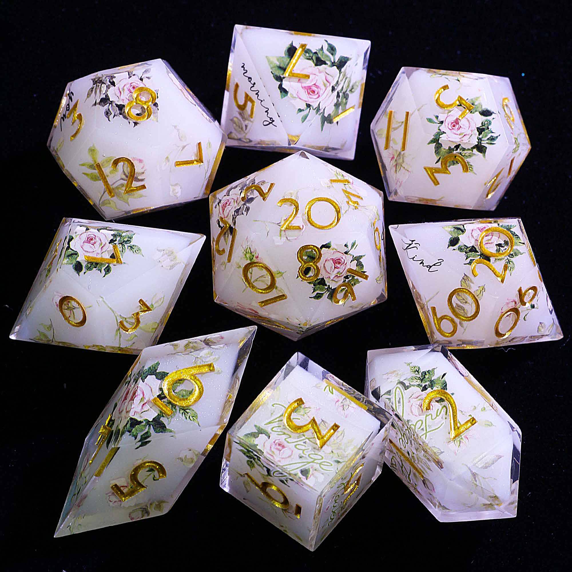 9 Polyhedral Resin Set of DD Dice Floral Whisper