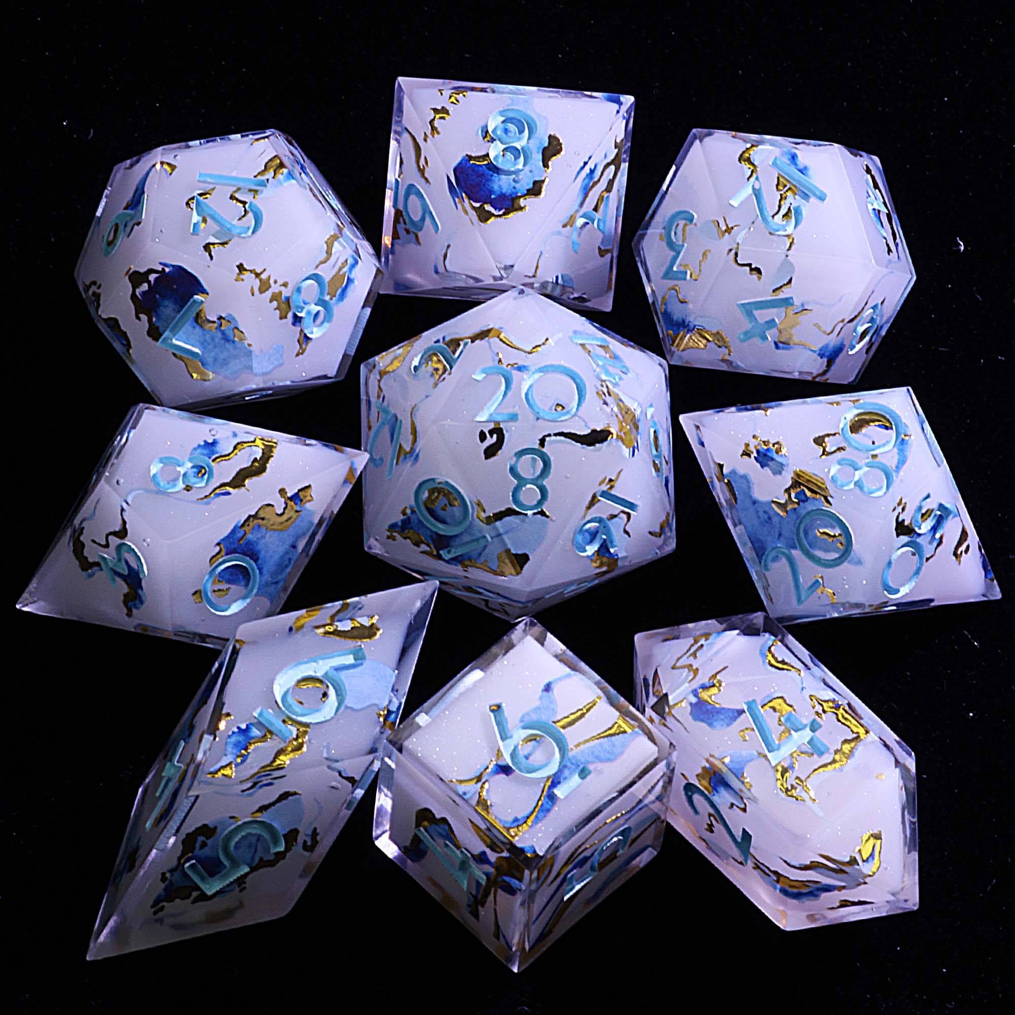 9 Polyhedral Resin Set of Dice D and D Celestial Aqua Ribbon - Dice of Dragons