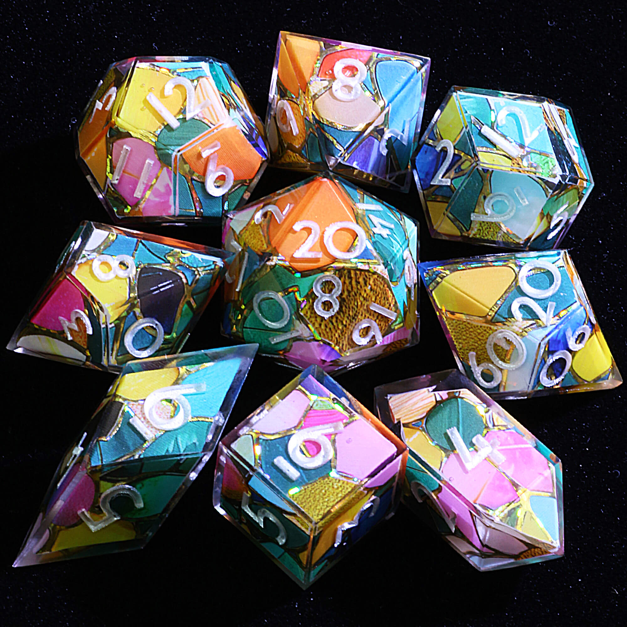 9 Polyhedral Resin Set of Dice D and D Petal Shards - Dice of Dragons