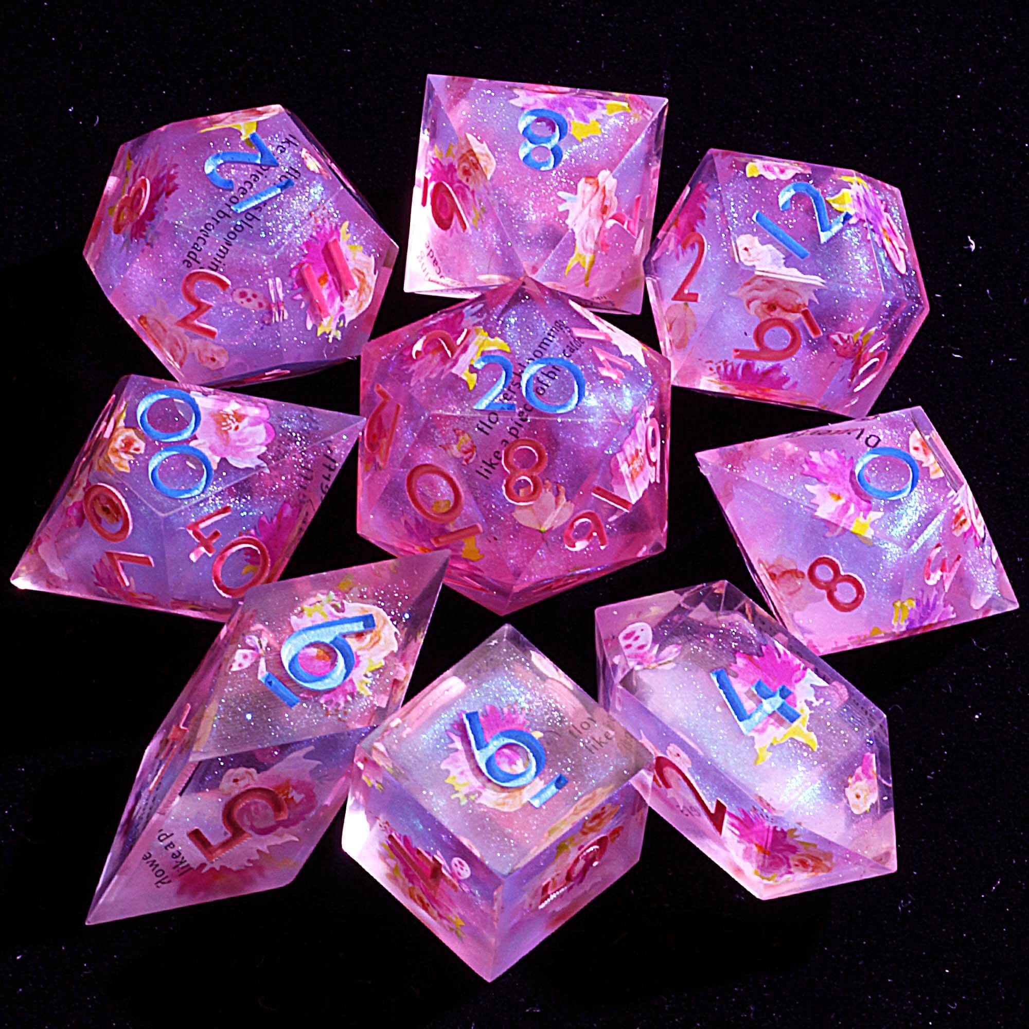 9 Polyhedral Resin Set of Dice D&D Blossom Script Mirage - Dice of Dragons