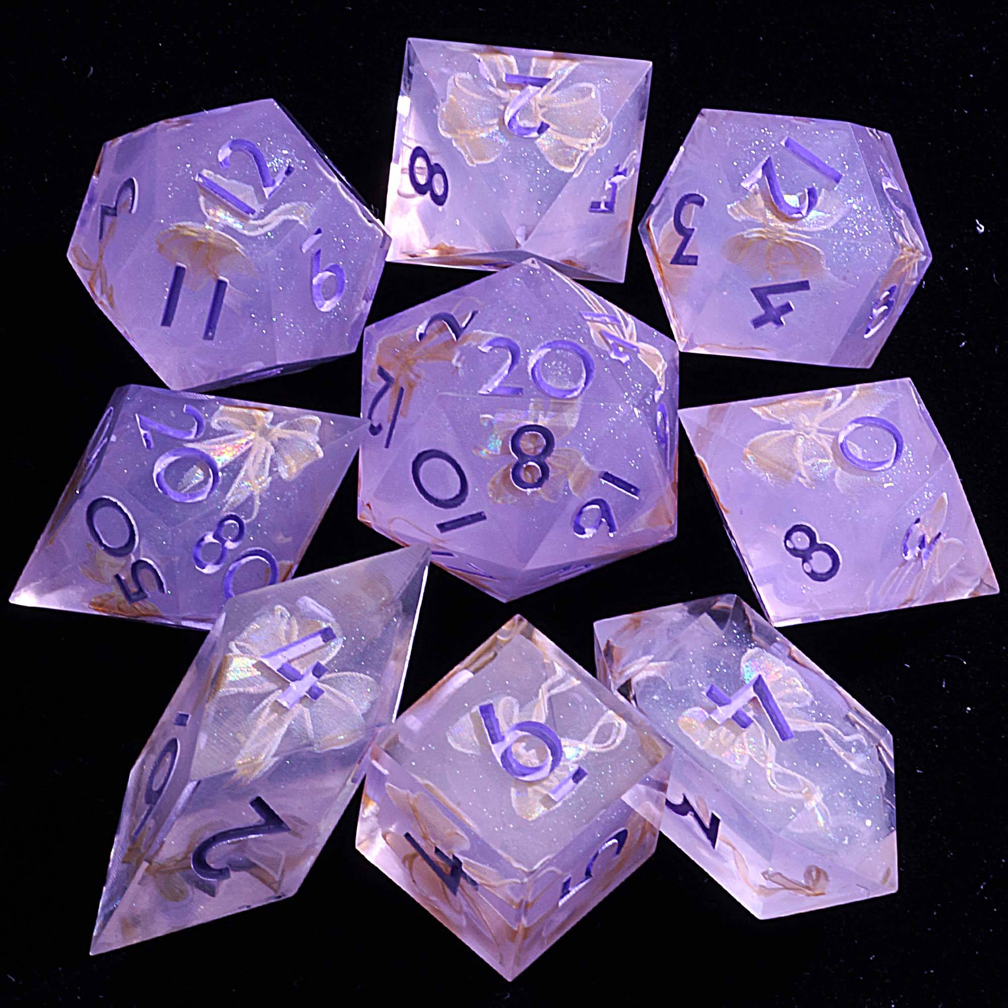 9 Polyhedral Resin Set of Dice DnD Lilac Mirage Bow - Dice of Dragons